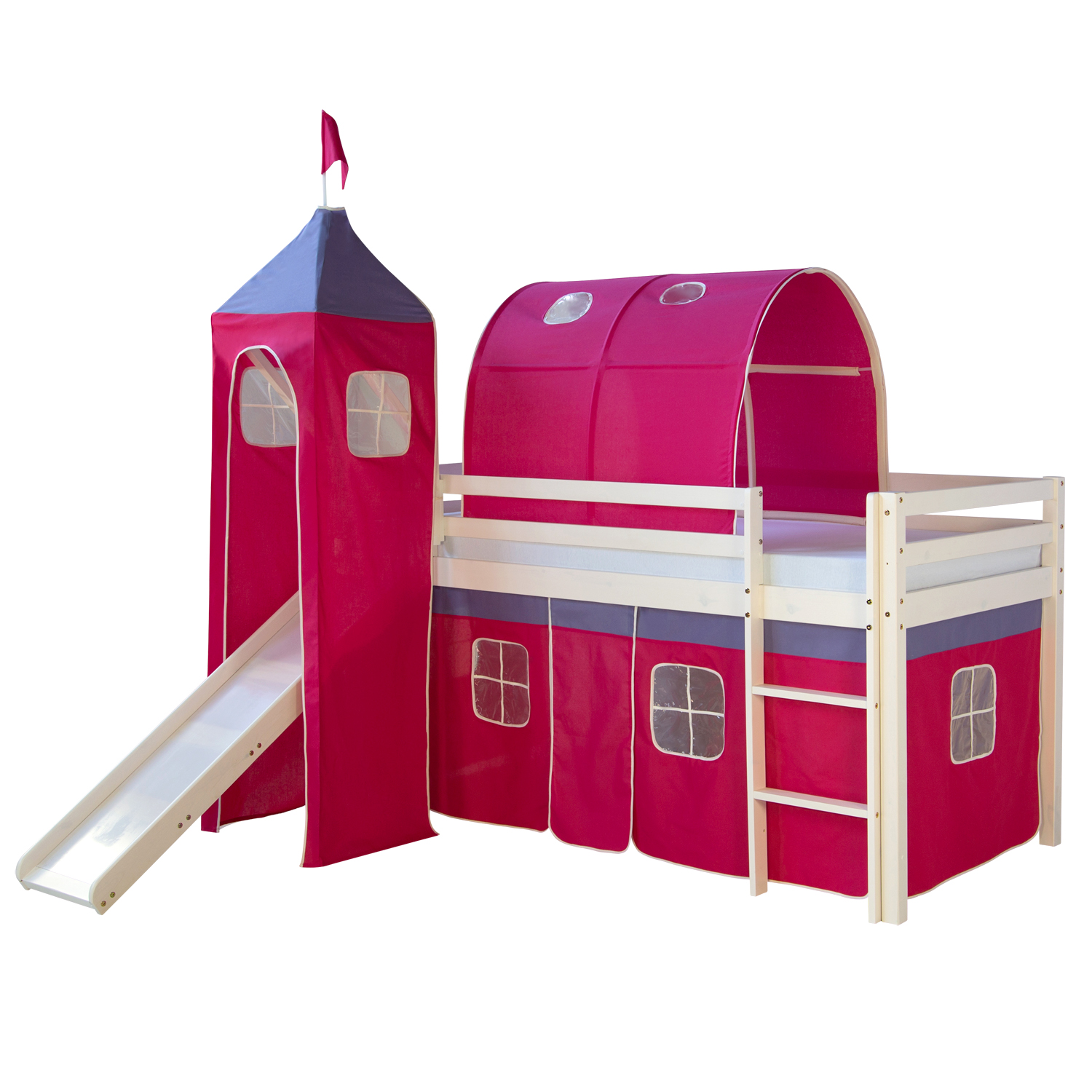 Loft Bed Kids 90x200 cm White with Curtain in Pink | Tunnel | Tower | Slide | with Slatted Frame