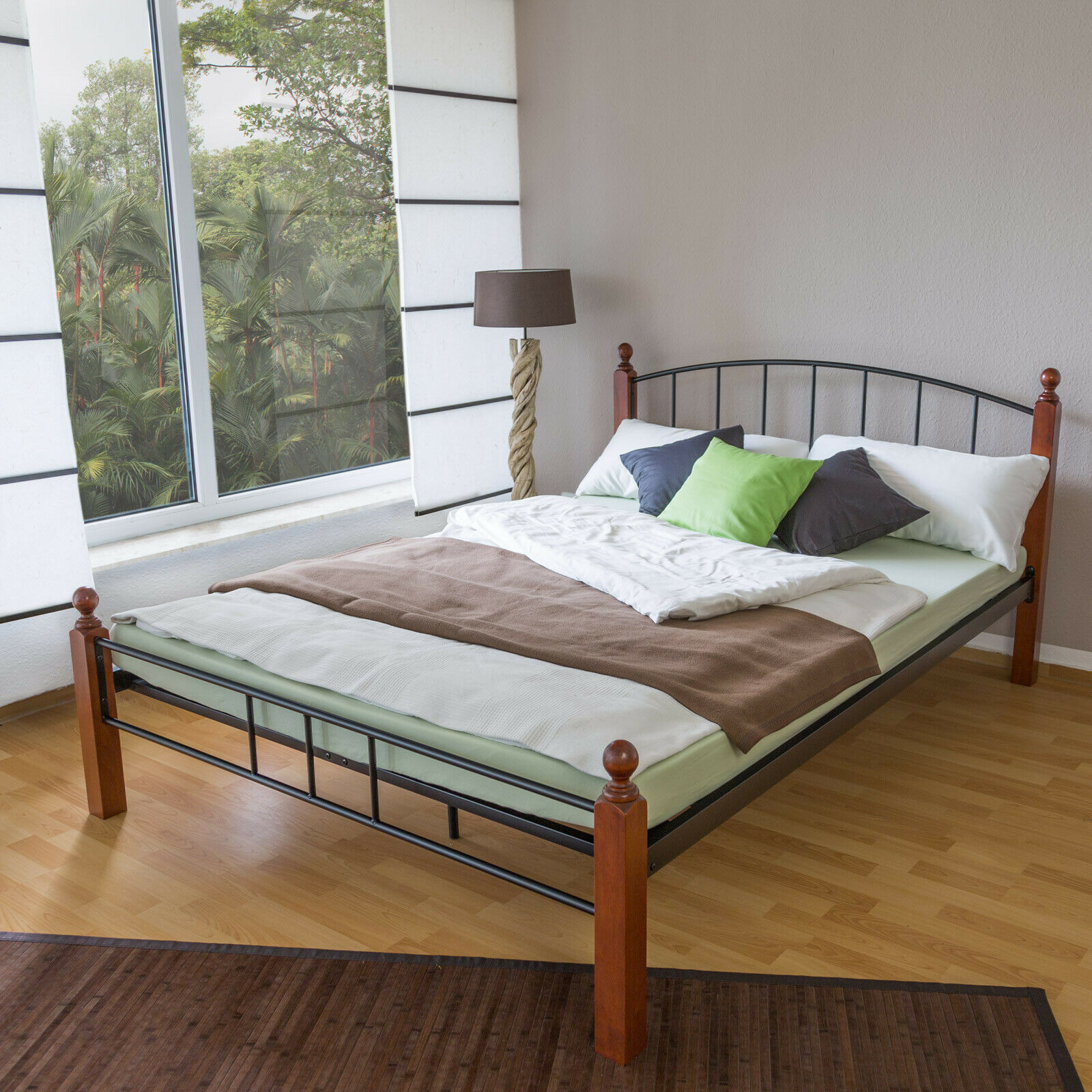 Metal Bed Iron Bed Double 180 x 200 Wood Slatted black brown bed frame 915