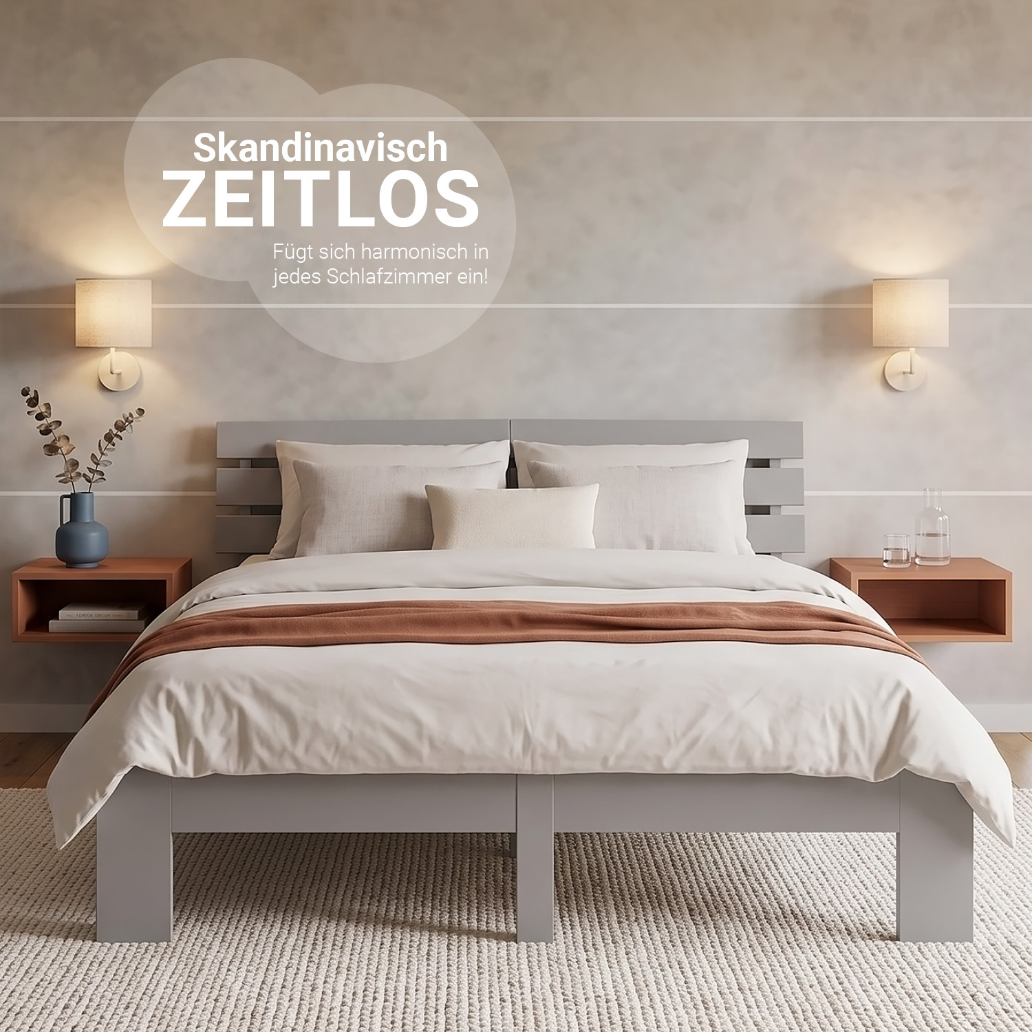 Wood Bed 160x200 cm Grey | Double Bed | with 2 Mattress | Solid | Kids Youth Guest Bedroom