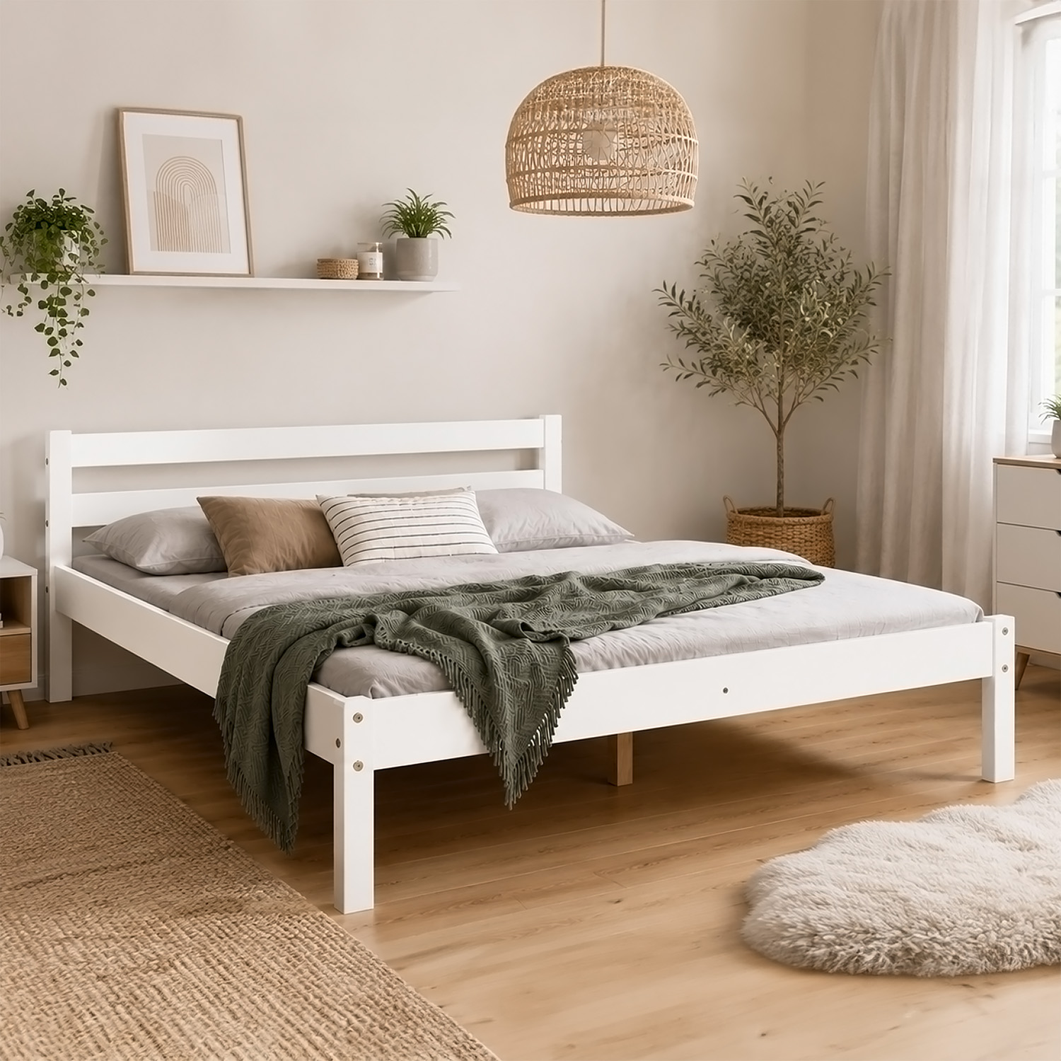Wooden Bed 140x200 cm White – Solid Wood Double Bed with Slatted Base for Teenagers' Rooms, Guest Rooms, and Bedrooms