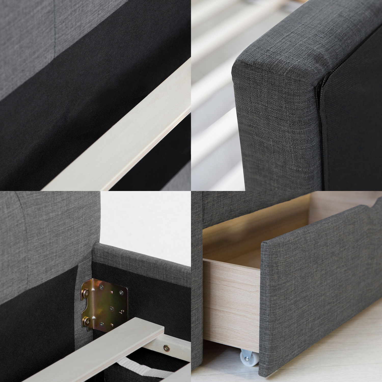 Upholstered Bed Frame Single Bed 90x200 Anthracite Platform Bed Fabric Headboard 2 Drawers