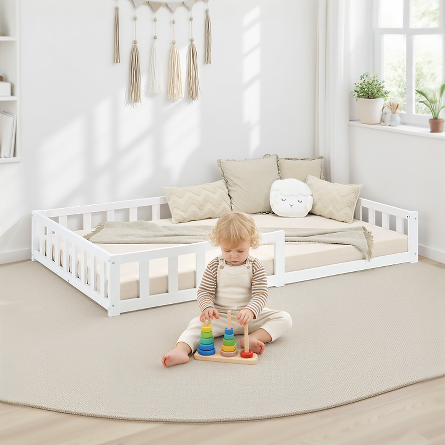 Toddler Floorbed 90x200 or 120x200 cm Montessori Bed with Barriers White Natural Wooden Infant Floor Bed Children's Bed Massif Kids Bed Single Bed Mattress