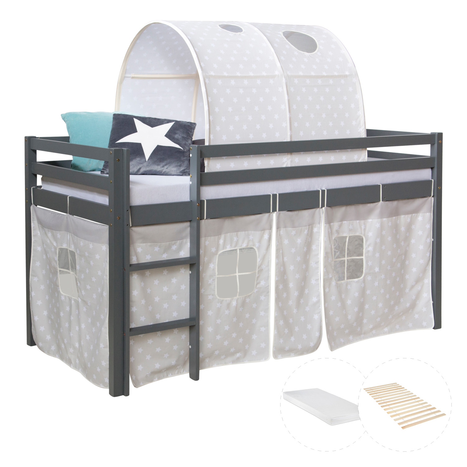 Loftbed 90x200 cm with Mattress Grey Bunk bed Childrens bed Solid Pine Wood Curtain Tunnel Stars Slats