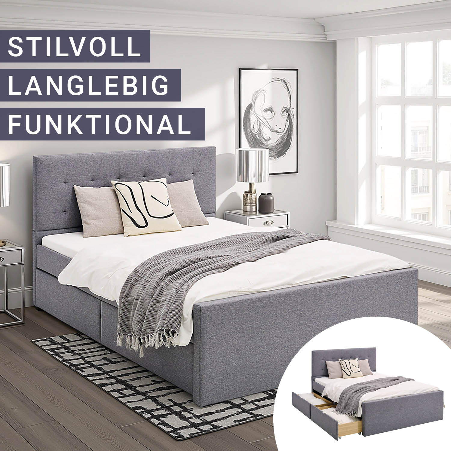 Upholstered bed 140x200 cm grey | with slatted frame | with 4 bed drawers | double fabric bed frame