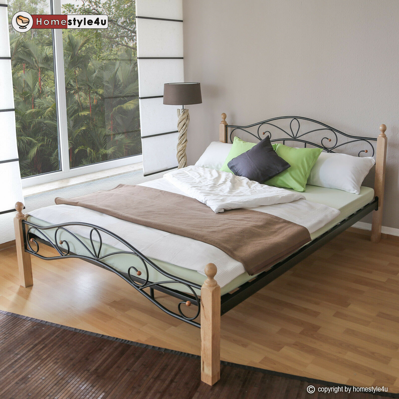 Metal Bed Iron Bed Double 160 x 200 Wood Slatted black natural bed frame 920 Metal Bed Iron Bed Double 160 x 200 Wood Slatted black natural bed frame 920