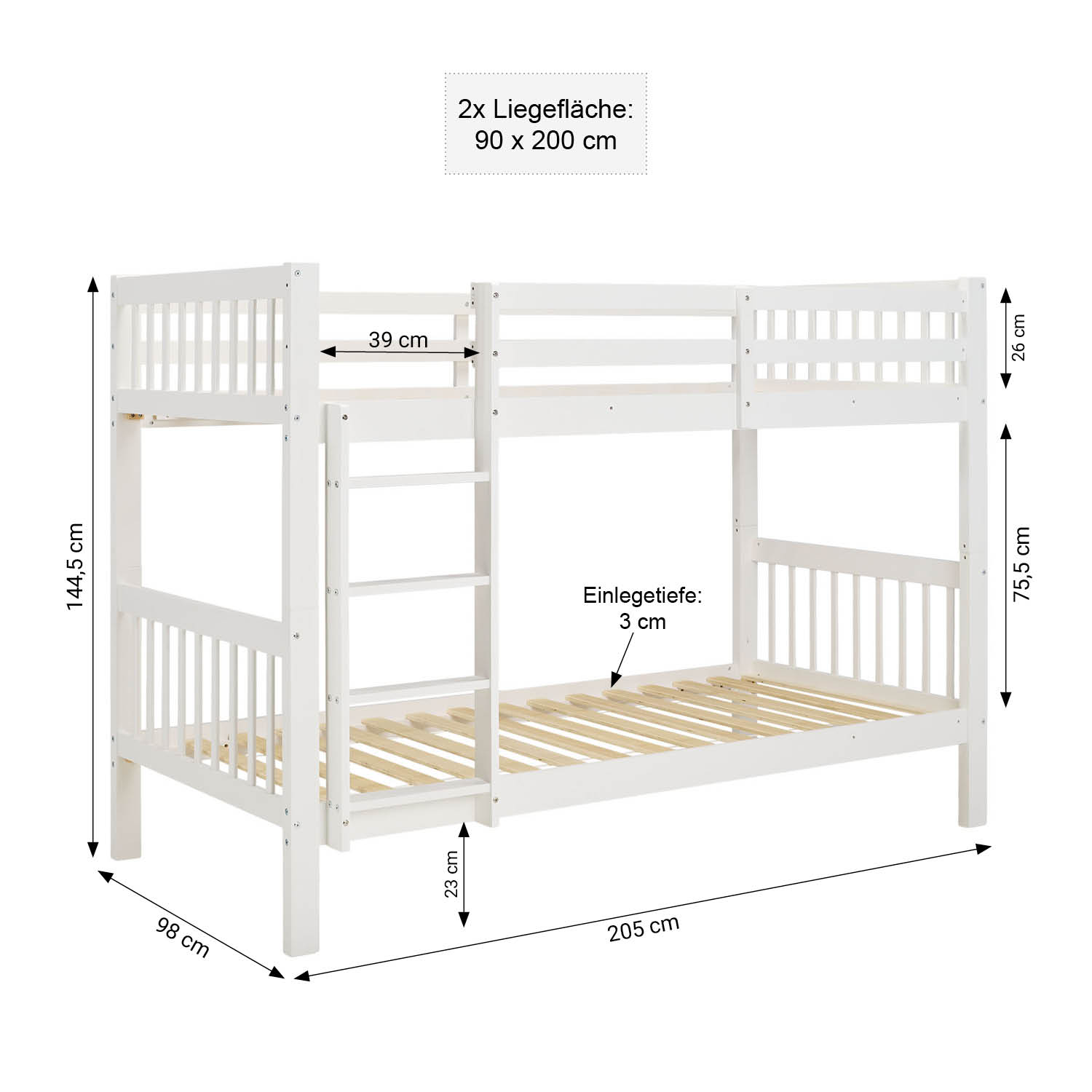Bunk Bed 90x200 cm White | Kids Bed with Mattress | Fall Protection | Convertible | Massif pine wood