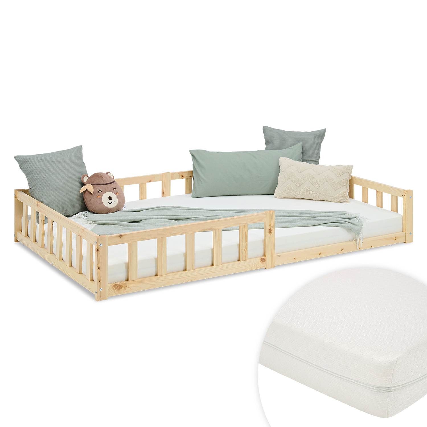 Montessori Crib 120x200 cm Natural, Includes Mattress & Slatted Base – Floor-Level Crib with Safety Rails Made of Solid Wood