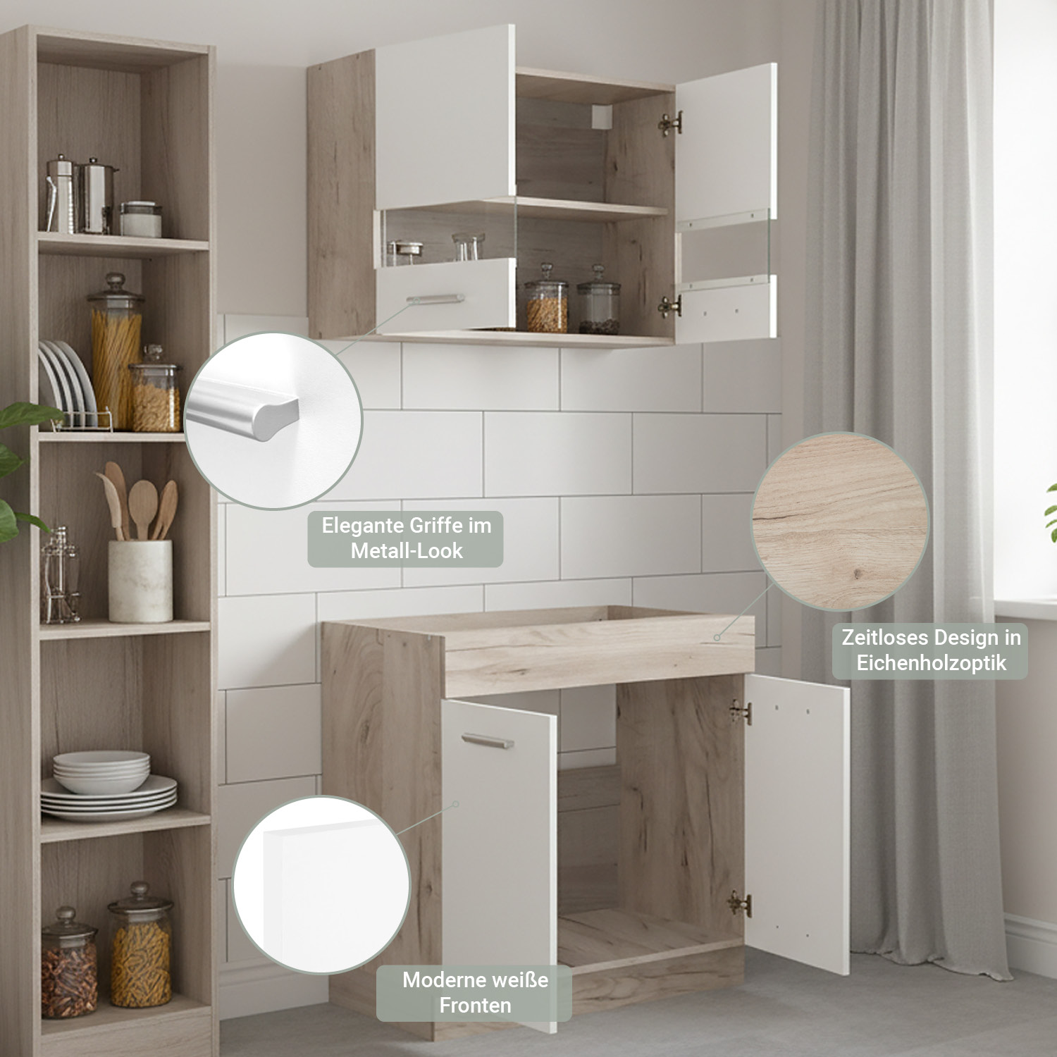 80 cm Kitchen Unit White & Oak – Mini Kitchen with Cabinet Elements, Without Sink and Appliances
