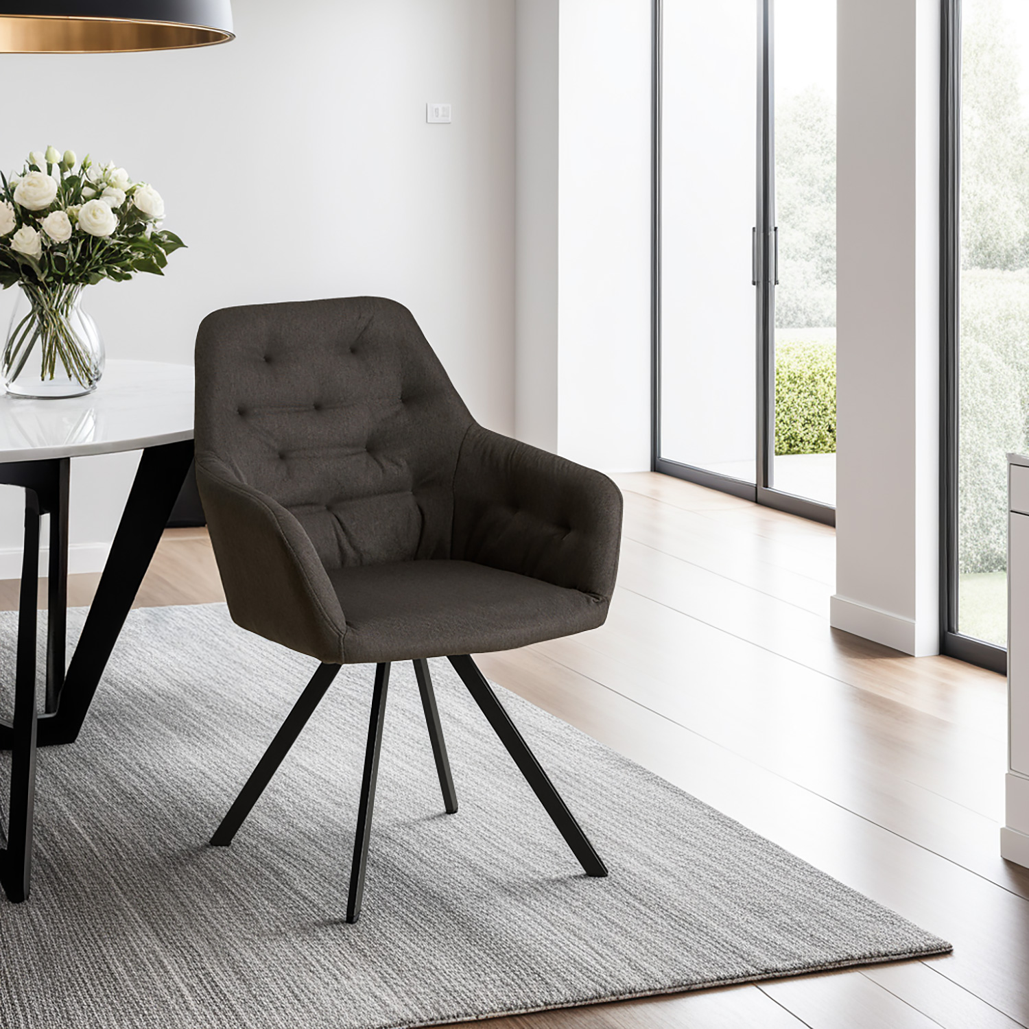 Upholstered Chair Linen Anthracite | Set of 6 | with Armrests | Kitchen Dining Room Office