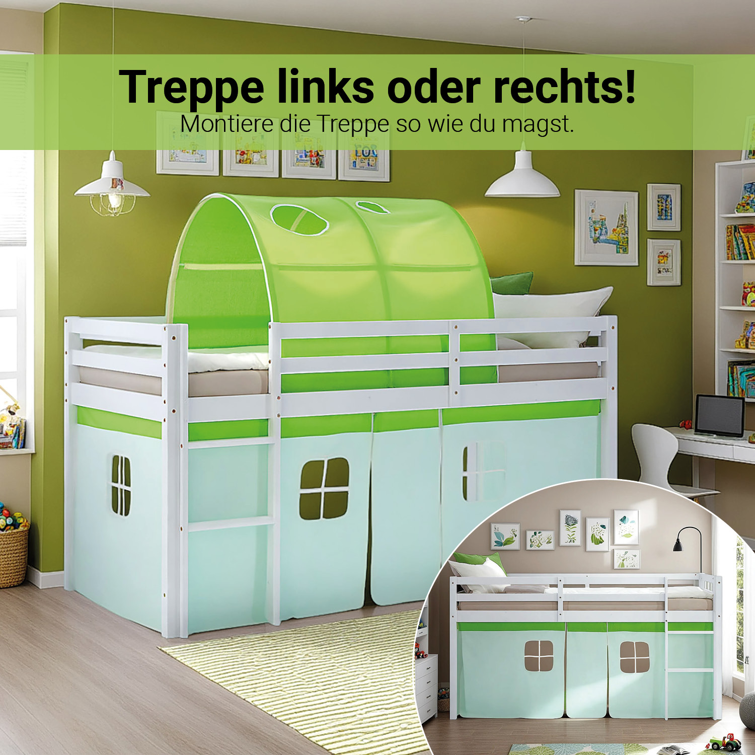 Loft Bed for Kids 90x200 cm White with Curtain in Green | Tunnel | with Slatted Frame and Mattress
