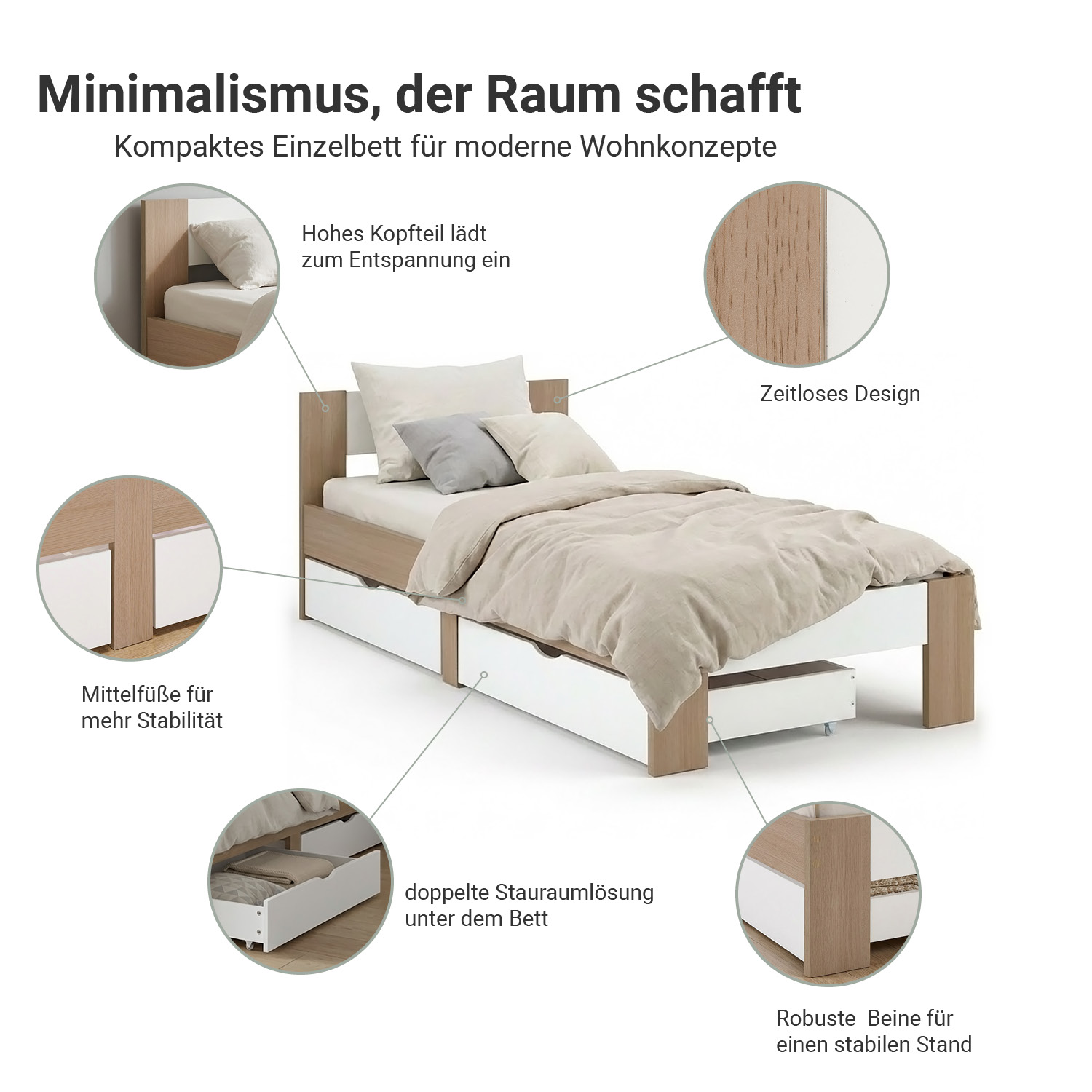 Holzbett 90x200 mit 2 Bettkästen Bett Eiche Braun Weiß Holzbett Bettgestell Jugendbett Einzelbett Matratze Lattenrost