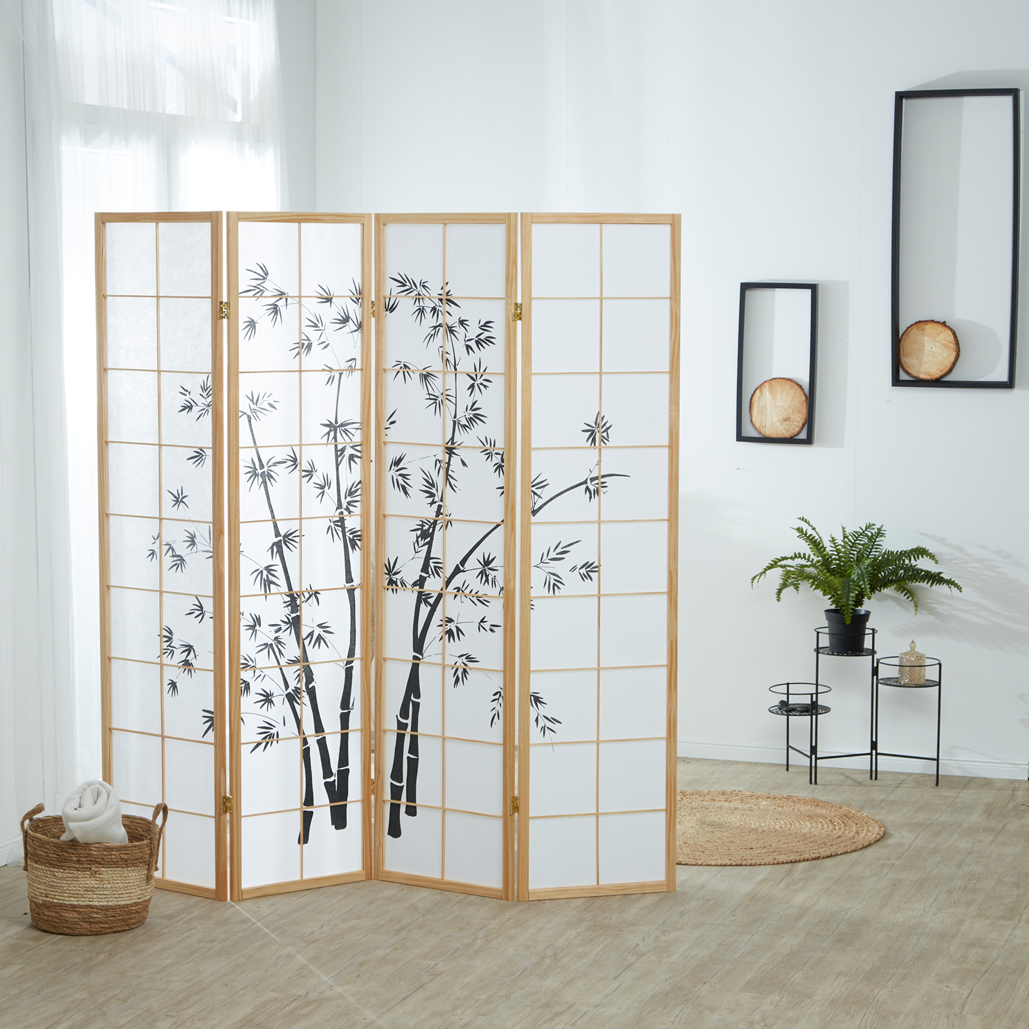 Paravent Natural Bamboo Pattern Print | 4-panel | Wood | Room Divider Partition Privacy Screen