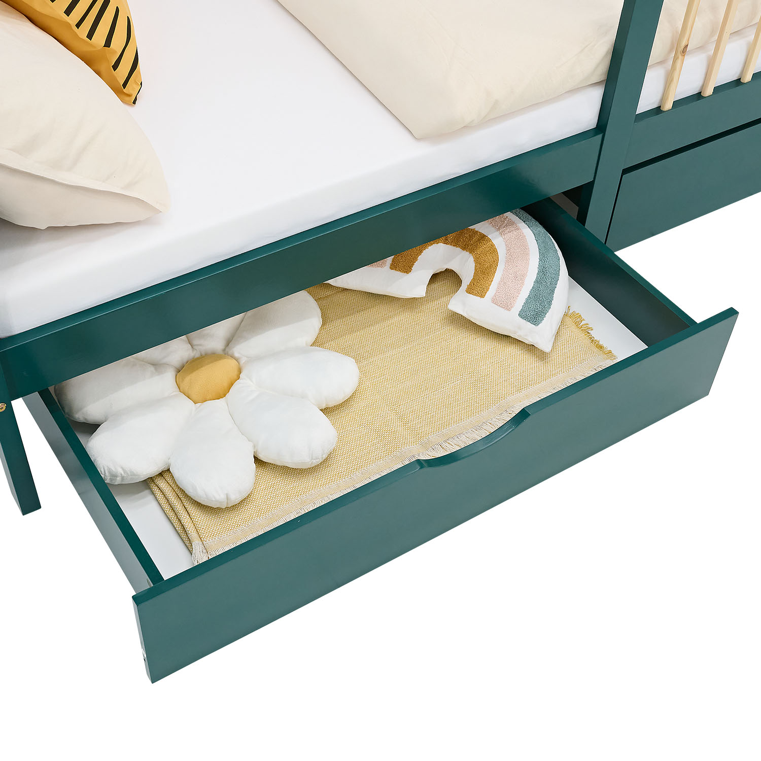 Children's Bed 90x200 cm Green | Wooden bed with 2 drawers | Single Bed | with Slatted Frame | Fall Protection