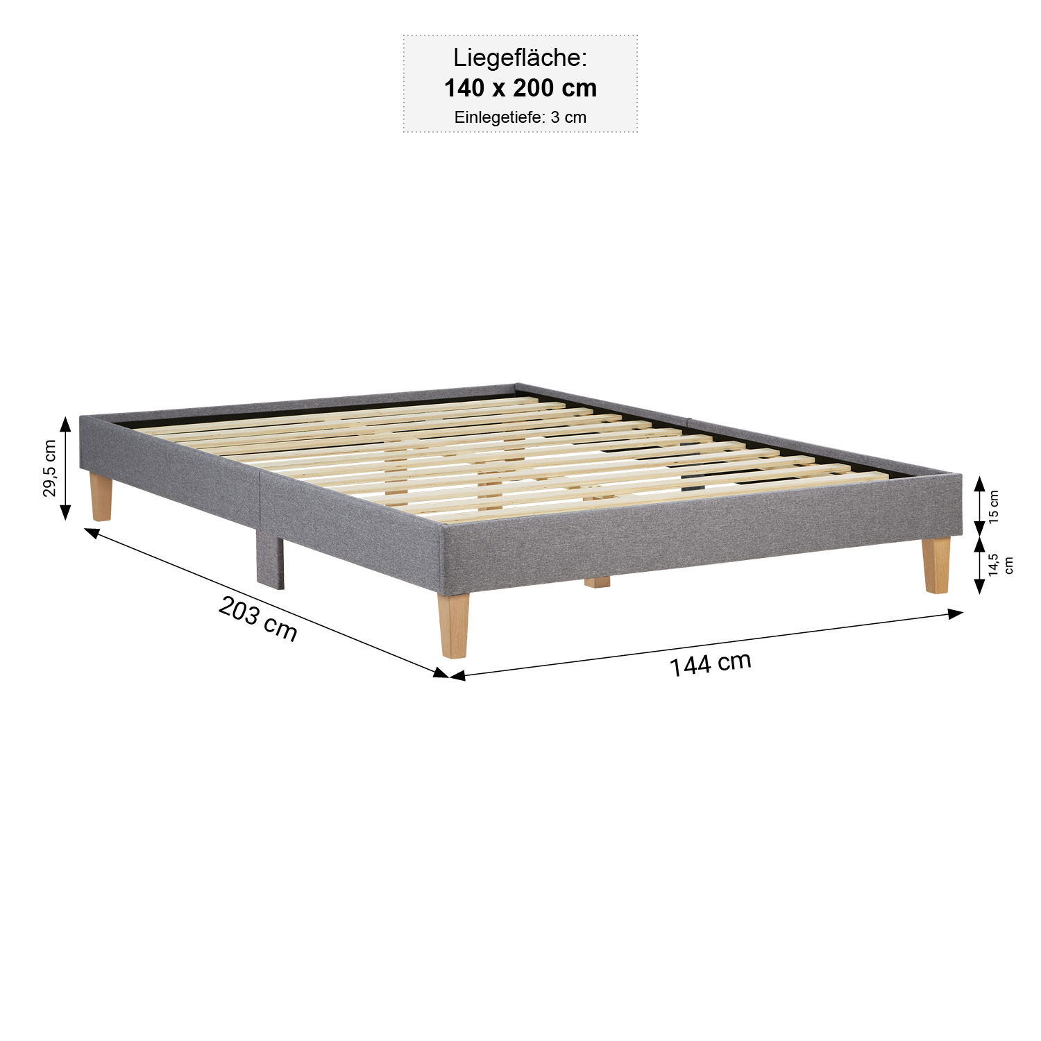 Upholstered Bed 140x200 cm Gray with Mattress & Slatted Base – Futon Bed Fabric Bed Complete Set Double Bed