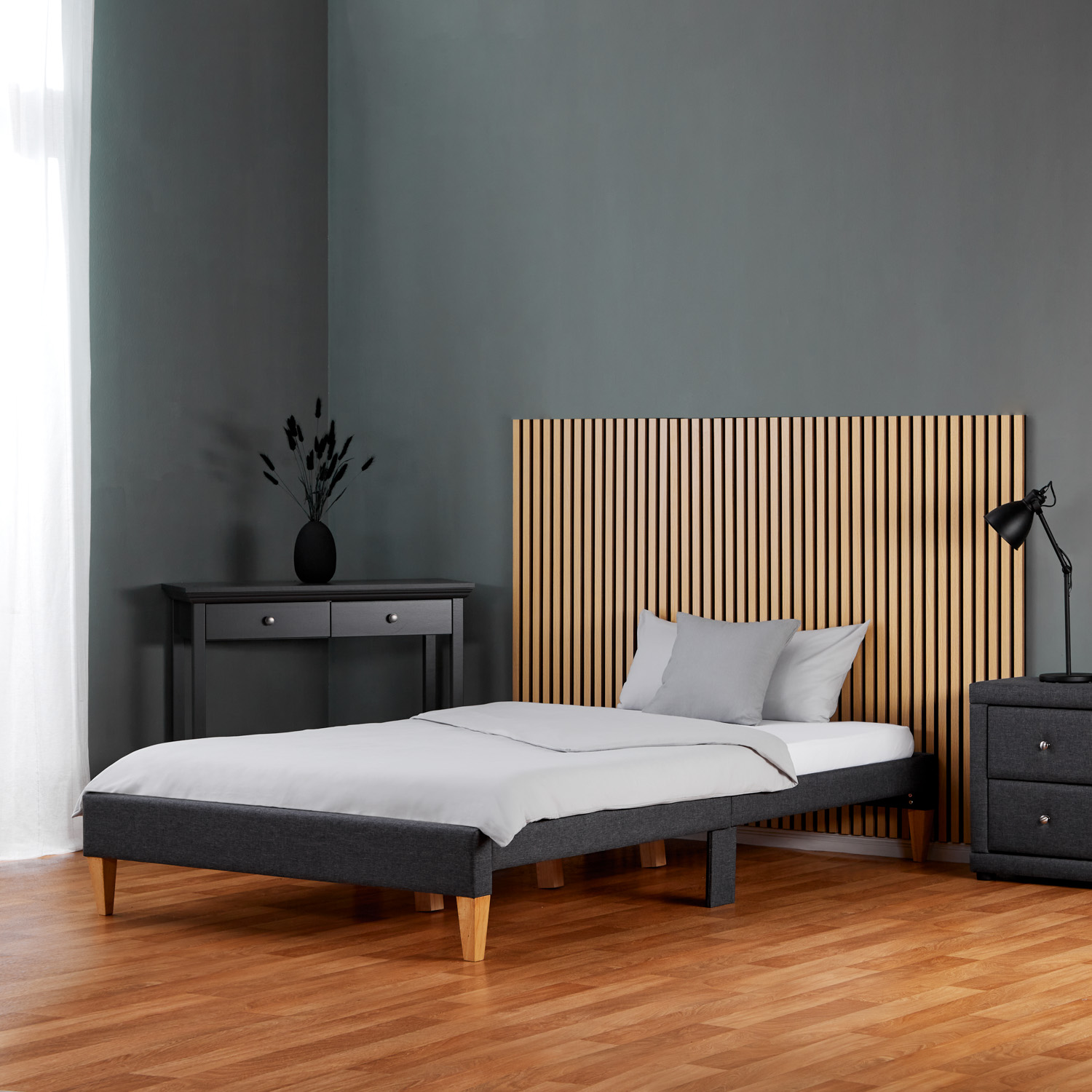 Upholstered bed 140x200 cm grey | futon bed | with slatted frame | with mattress | double fabric bed frame