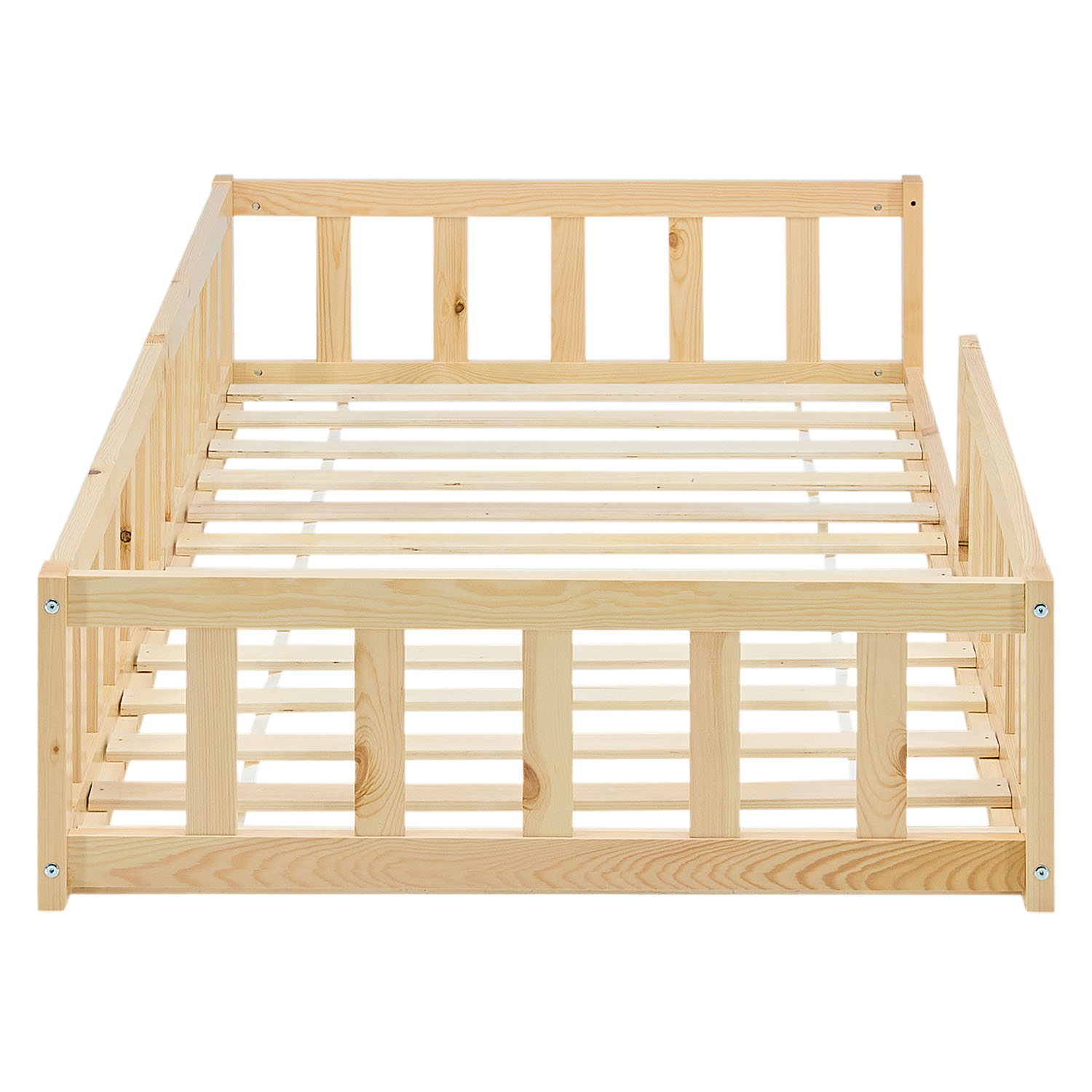 Children's Bed 90x200 Natural | Floor Bed with Mattress & Slatted Frame | with Fall Protection | Montessori