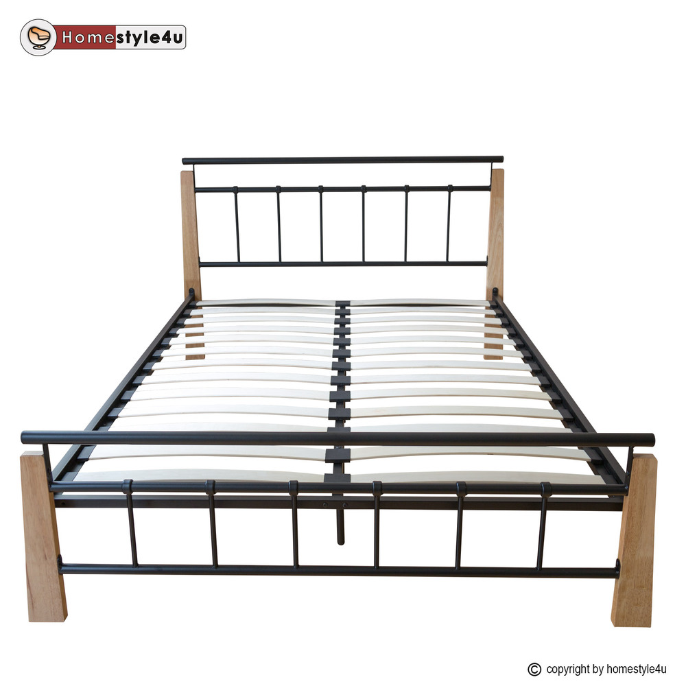 Metal Bed Iron Bed Double 180 x 200 Wood Slatted black natural bed frame 5072