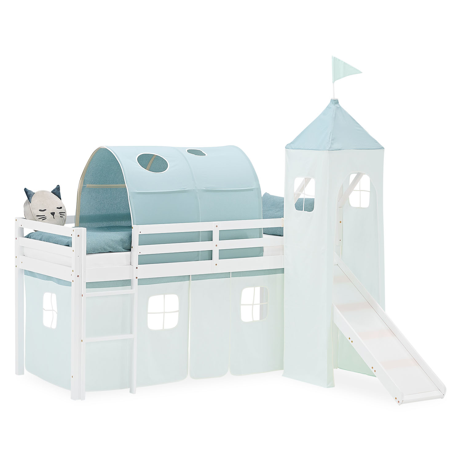 Loft Bed for Kids 90x200 cm White with Curtain in Mint Green | Slide | Tower | Tunnel | without Slatted Frame