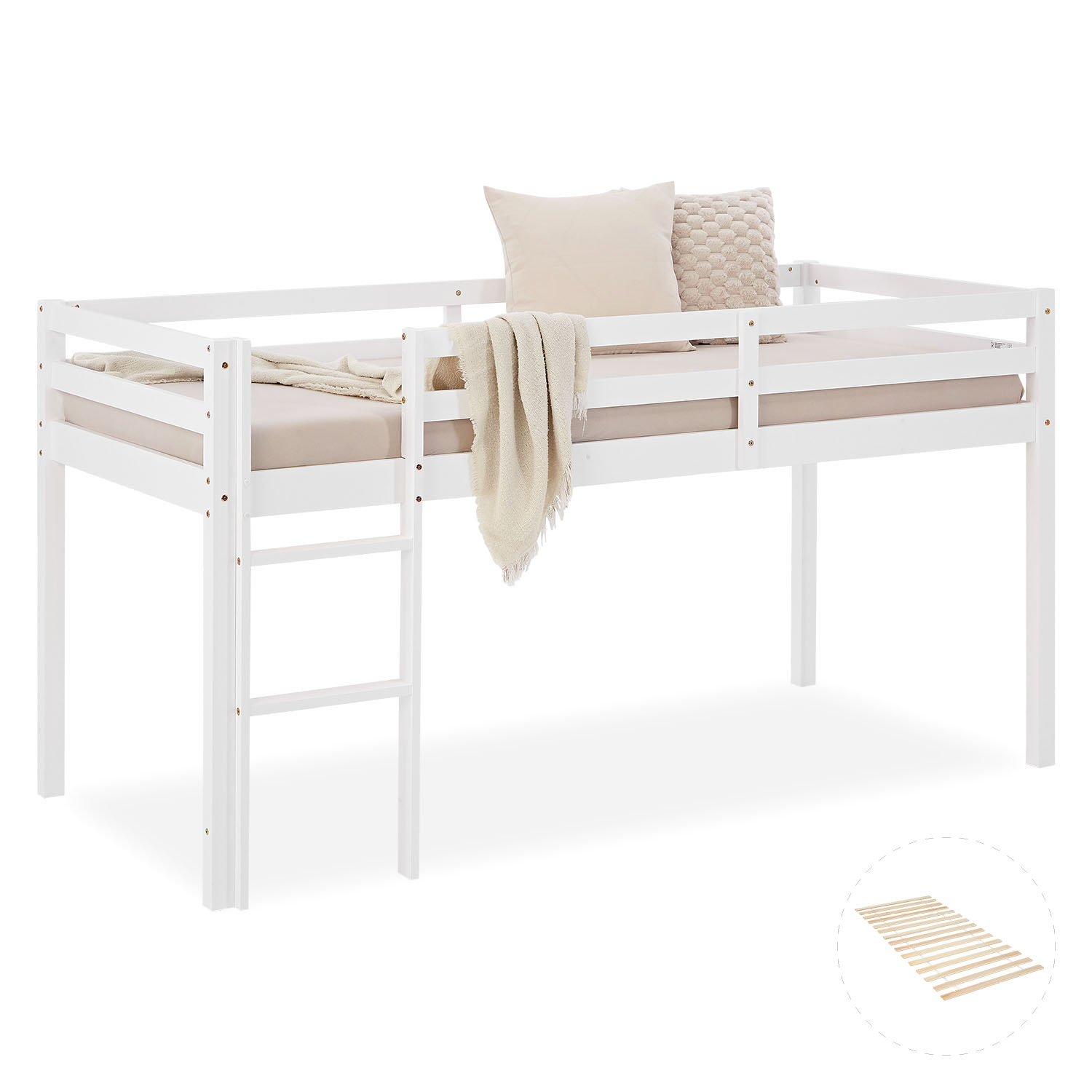 White wooden loft bed for kids with ladder and safety rail ? space-saving single bed with slatted frame, ideal for compact and modern children?s rooms.
