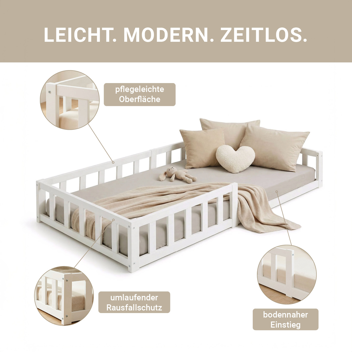 Montessori Crib 90x200 cm White, Includes Mattress & Slatted Base – Floor-Level Crib with Safety Rail Made of Solid Wood