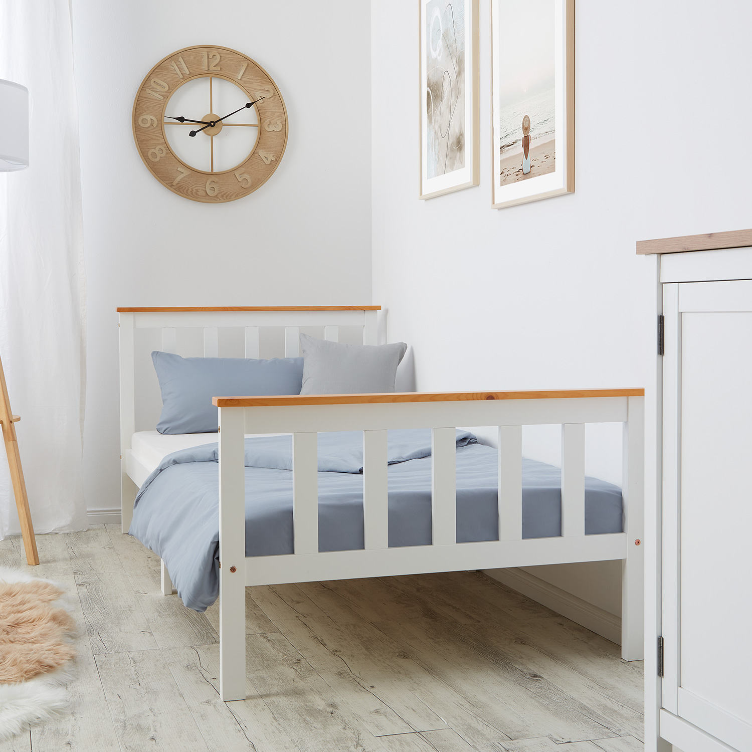 Wooden Bed 90x200 cm White/Natural – Single Bed in Scandinavian Style, Includes Slatted Base