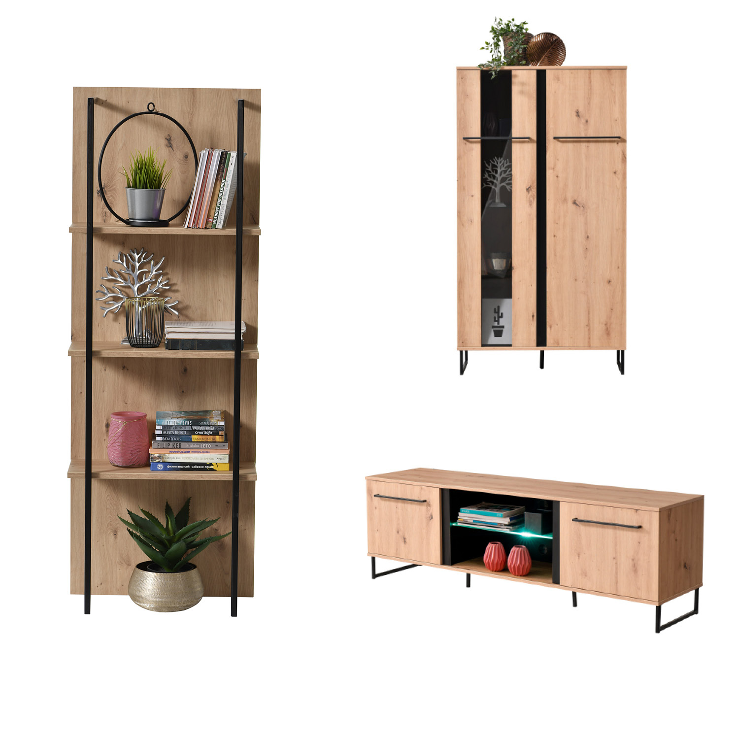 Modern Living Room Unit Cupboard Set Wall Unit 3-Piece TV Set with Storage Entertainment Center Industrial Style