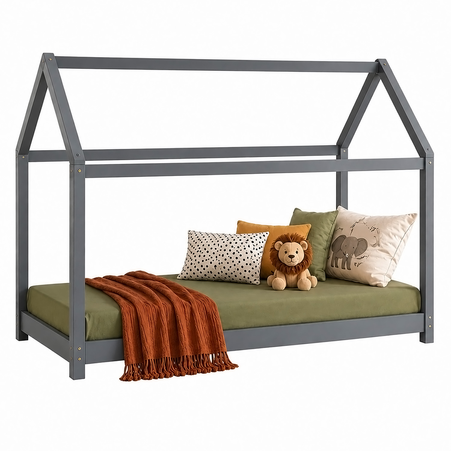 Children's Bed 90x200 cm Gray | House Bed | Single Bed | with Slatted Frame | Wood | Floor Bed