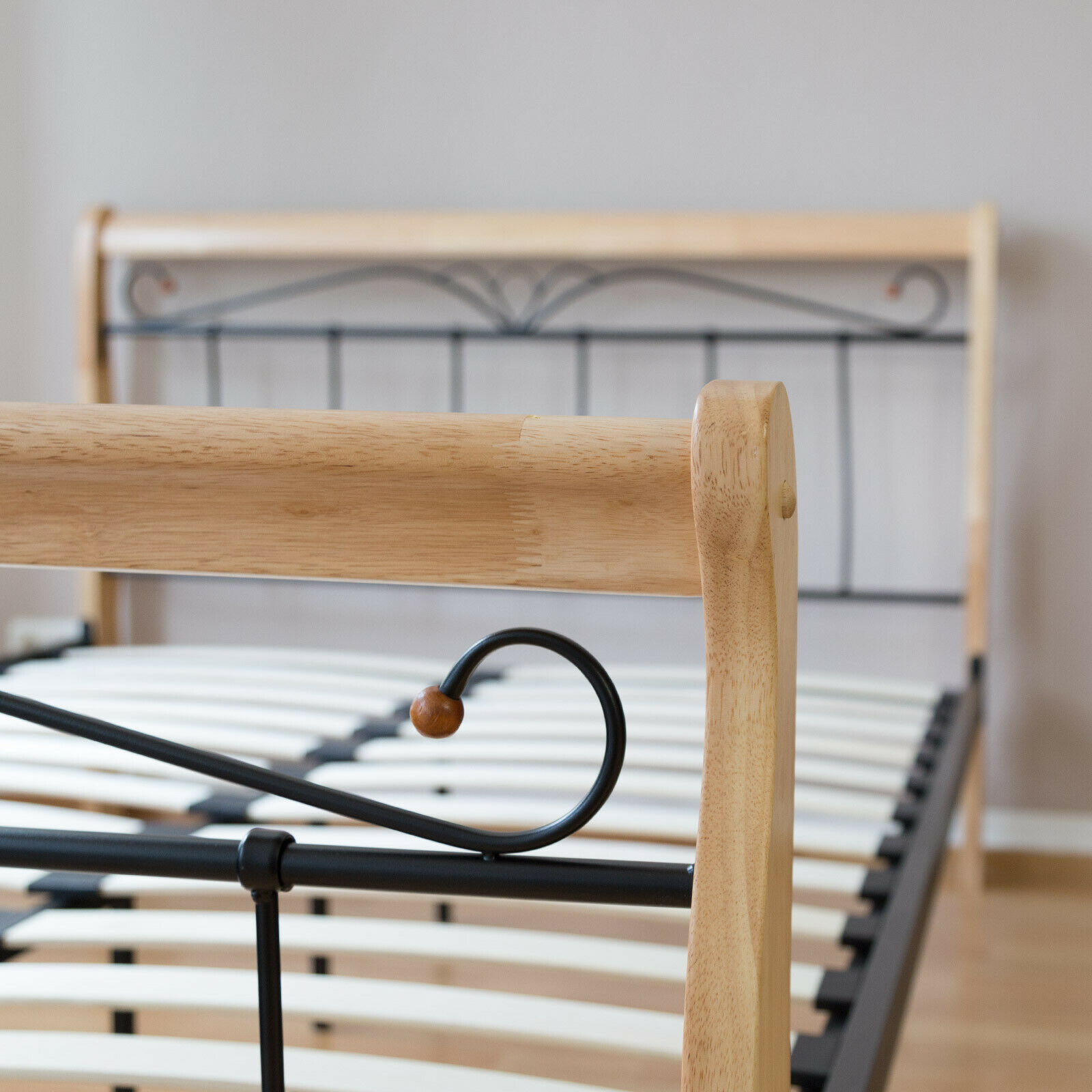 Design Iron Bed Double 160 x 200Wood Slatted black natural bed frame 1008