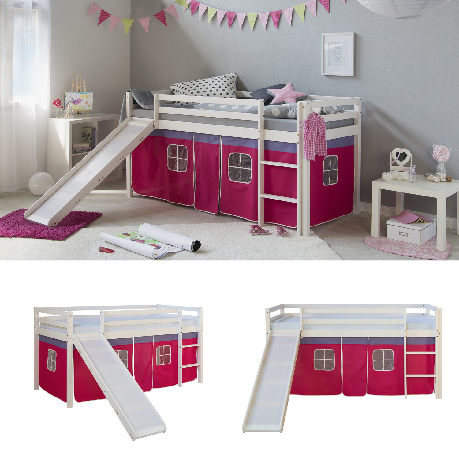 Loft Bed Kids 90x200 cm White with Curtain in Pink | Slide | without Slatted Frame