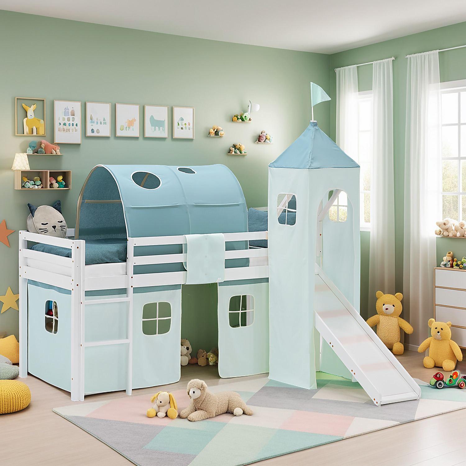 Loft Bed for Kids 90x200 cm White with Curtain in Mint Green | Slide | Tower | Tunnel | with Slatted Frame and Mattress