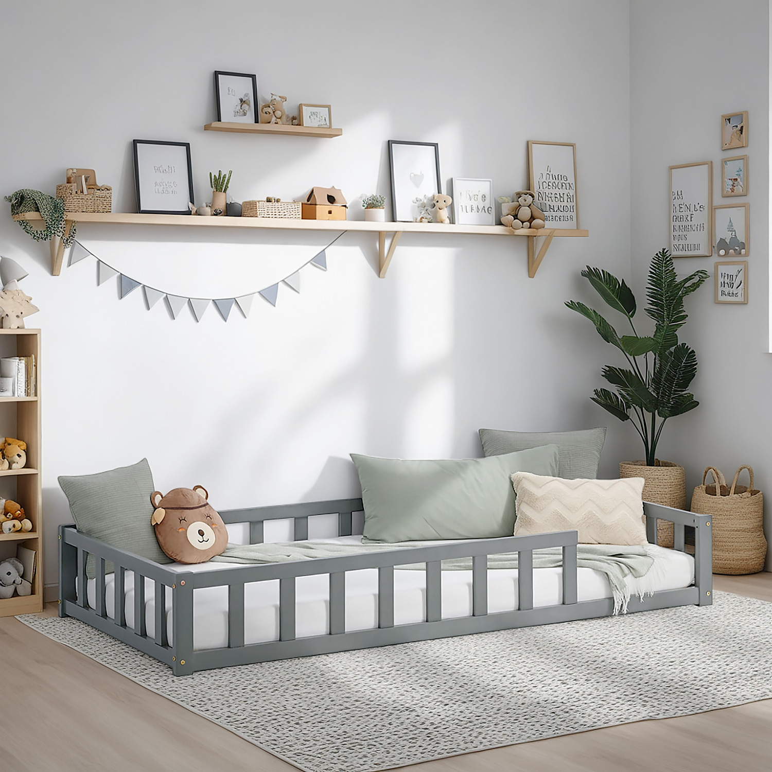 Children's Bed 90x200 Grey | Floor Bed with Mattress & Slatted Frame | with Fall Protection | Montessori