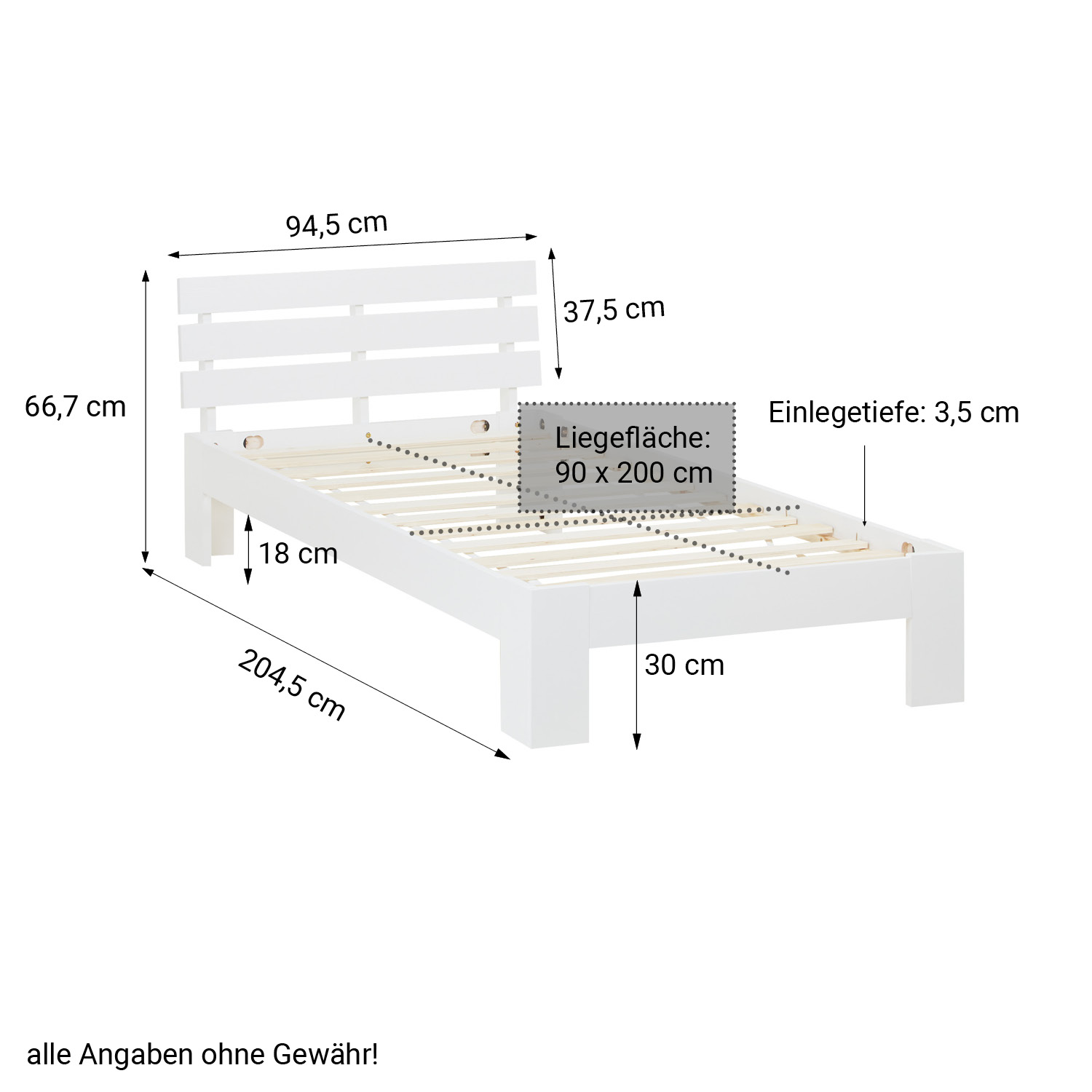Wood Bed 90x200 cm White | Single Bed | with Slatted Frame | Solid | Kids Youth Guest Bedroom