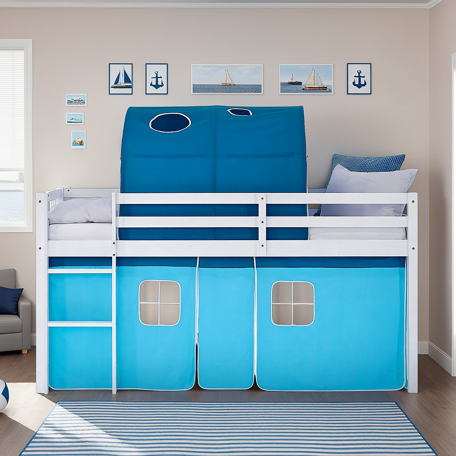 Children's Loft Bed 90x200 cm White with Blue Curtain | Tunnel | Includes Slatted Base and Mattress
