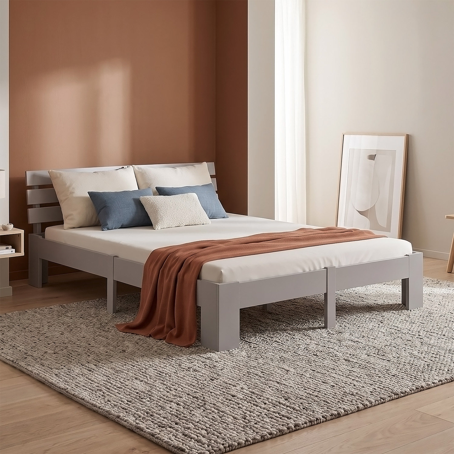 Wood Bed 160x200 cm Grey | Double Bed | with 2 Mattress | Solid | Kids Youth Guest Bedroom