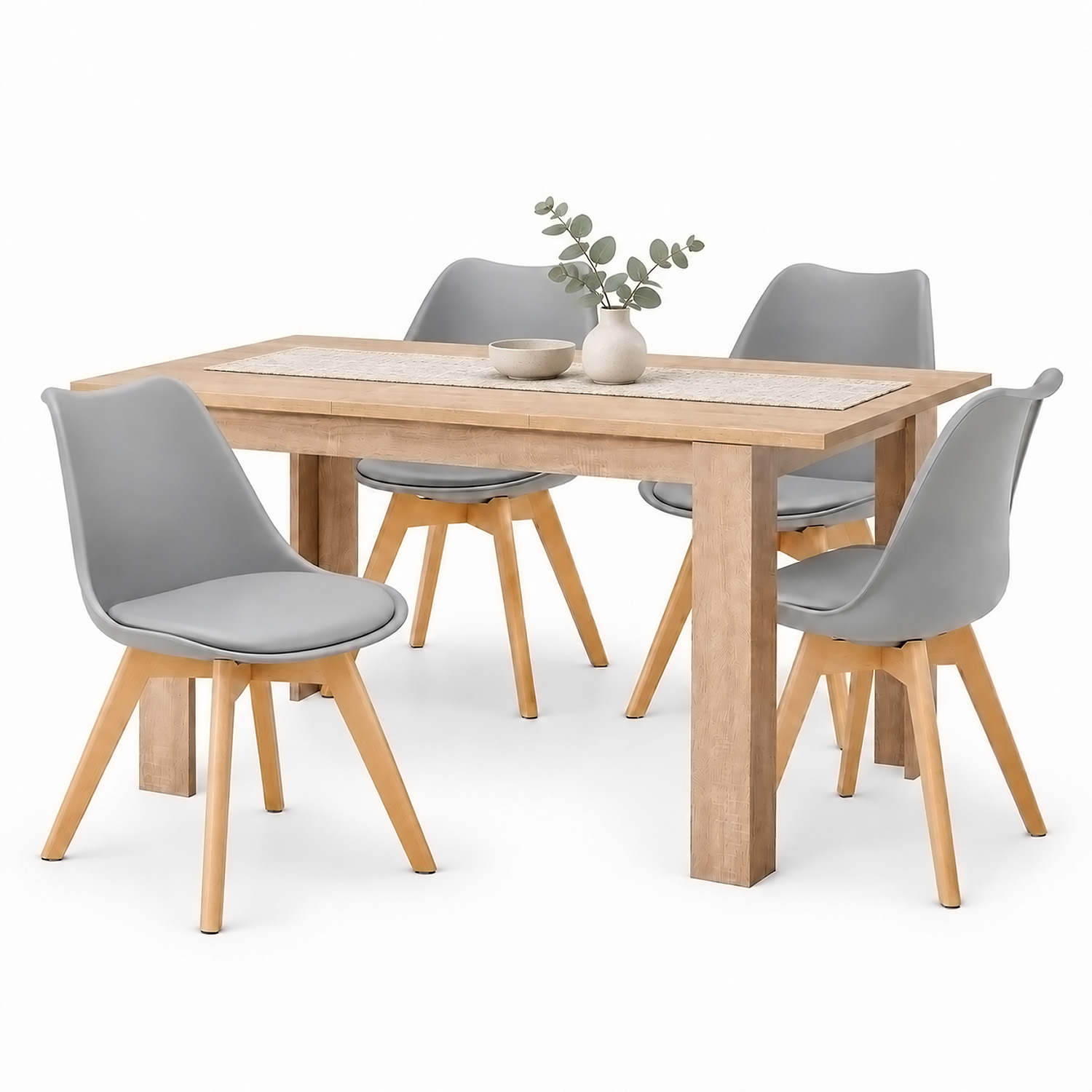 Dining Set (5-Piece): 120x80 cm oak extendable dining table with 4 grey plastic chairs and wooden legs