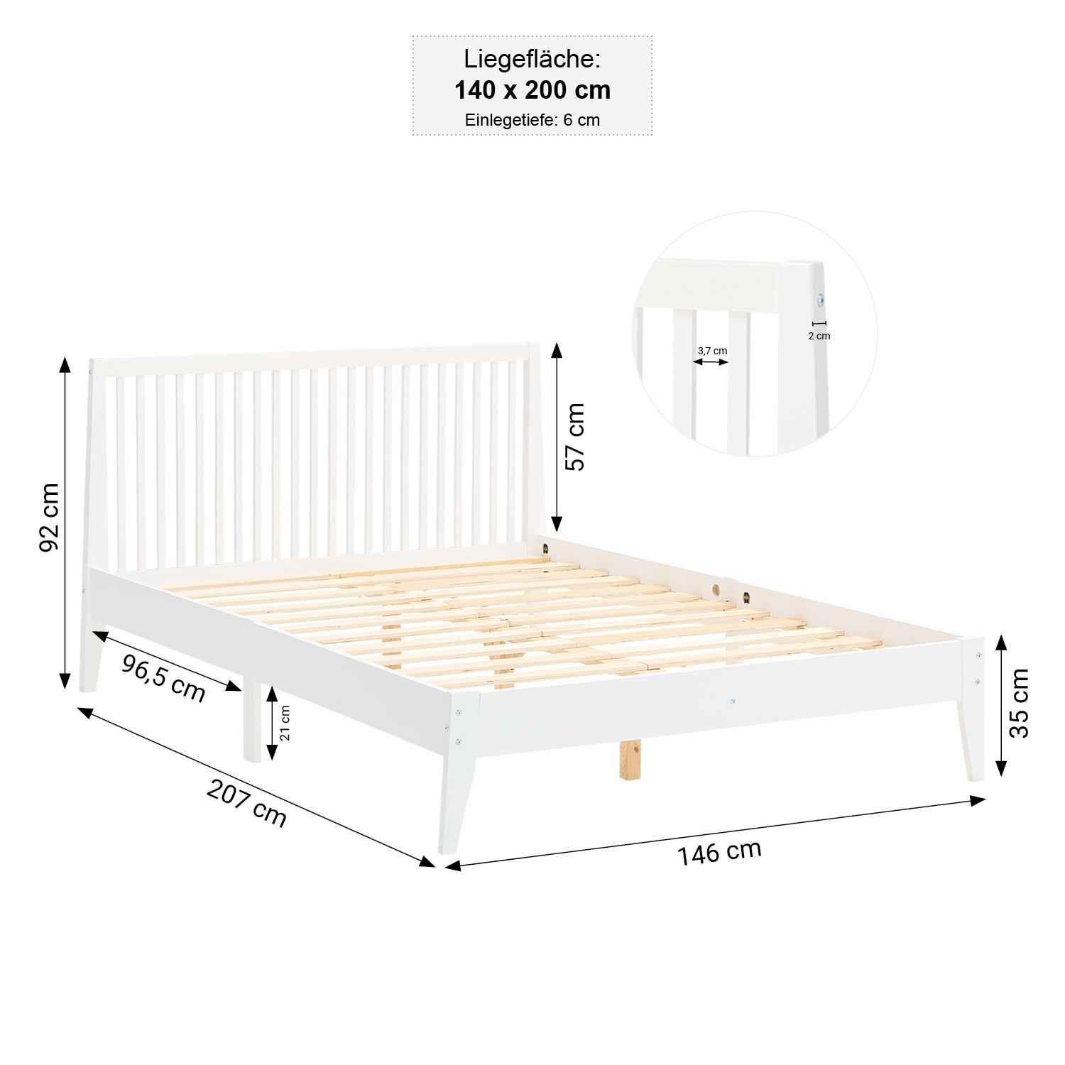 Wood Bed 140x200 cm White | Double Bed | with Slatted Frame | Scandinavian Style | Kids Youth Guest Bedroom