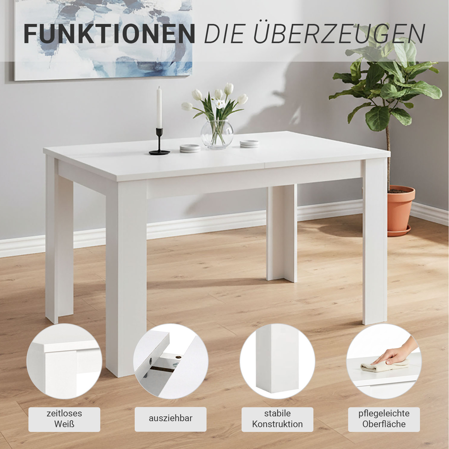 Modern Dining Table Kitchen Table Wooden Table 120x80 cm White 6 Seater Extendable