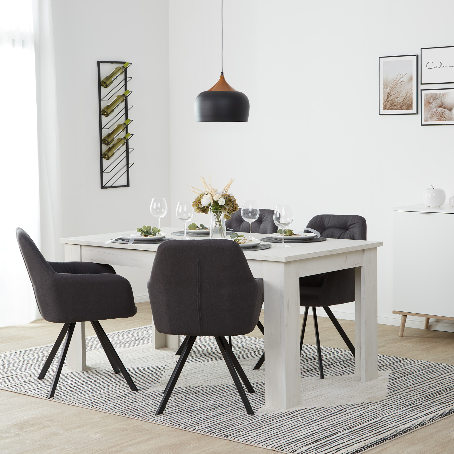 Dining Table 160x90 cm Extendable with 4 Chairs Anthracite Dining Room Table Wooden Table White