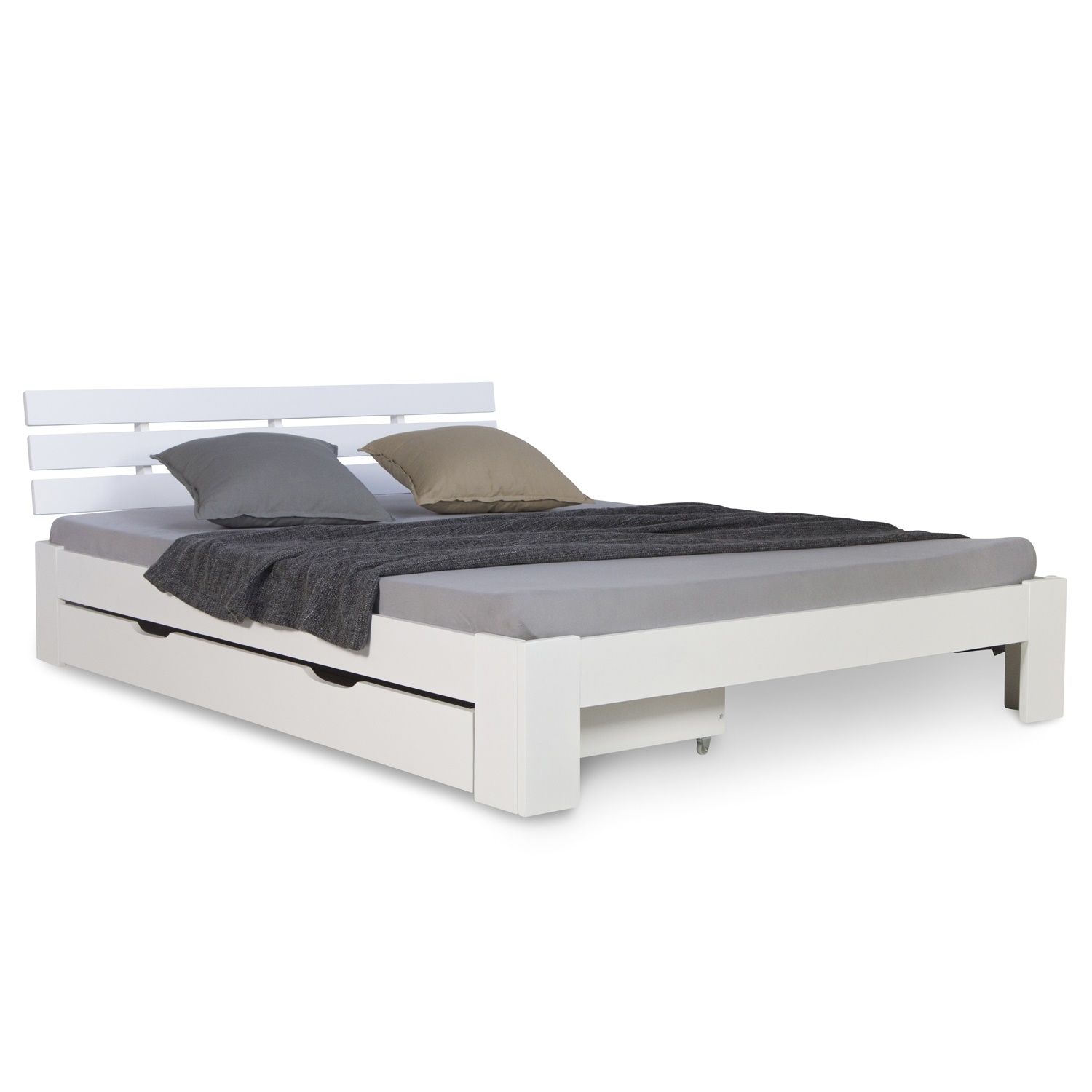 Wood Bed 140x200 cm White | Double Bed with Storage Drawer | with Slatted Frame | Solid | Kids Youth Guest Bedroom