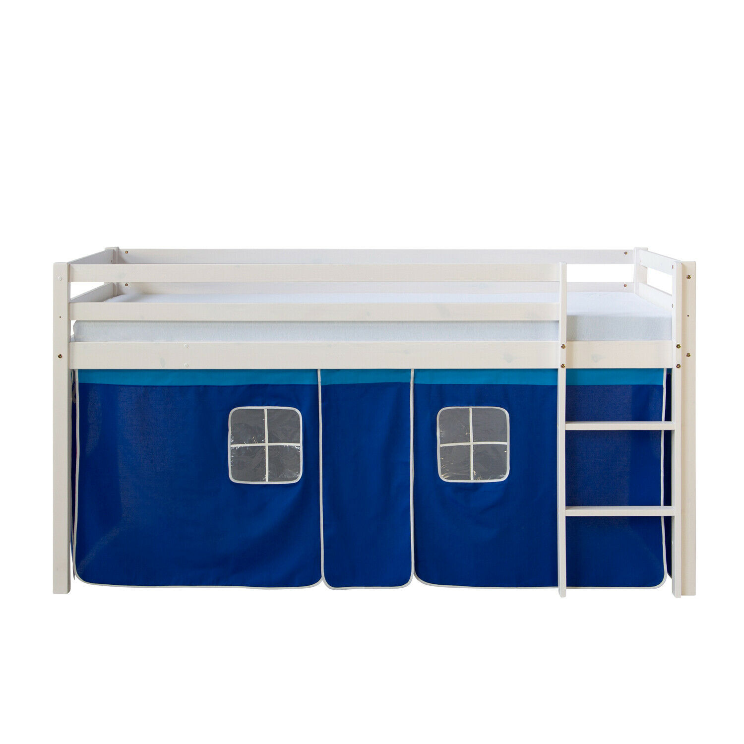Loft Bed Kids 90x200 cm White with Curtain Blue | without Slatted Frame