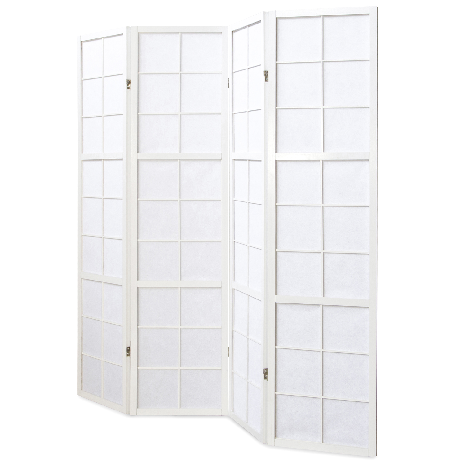 Four?panel white shoji screen with wooden frame, used as a modern room divider and stylish privacy screen in a bright living room.