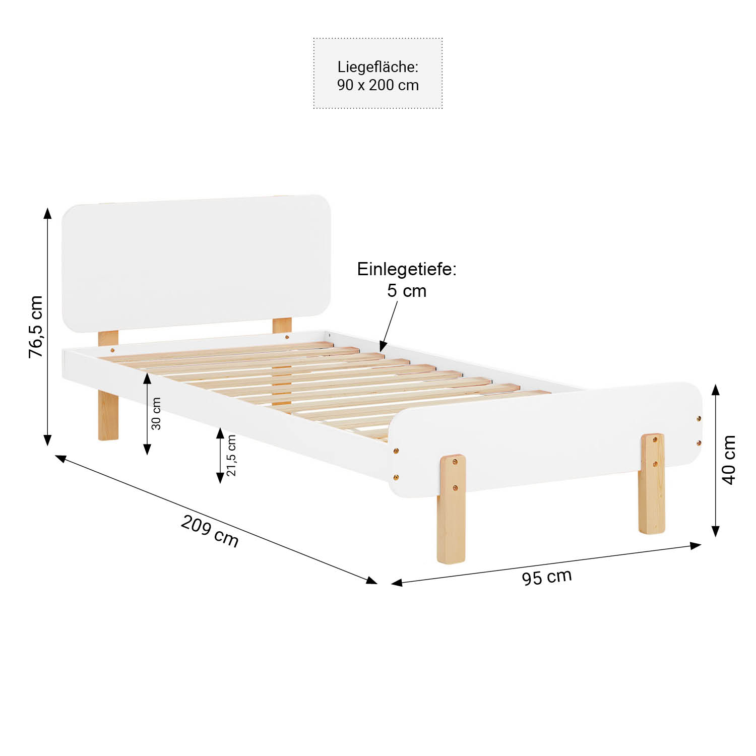 Wood Bed 90x200 cm White Natural | Retro Bed | Single Bed | with Slatted Frame | Kids Youth Guest Bedroom