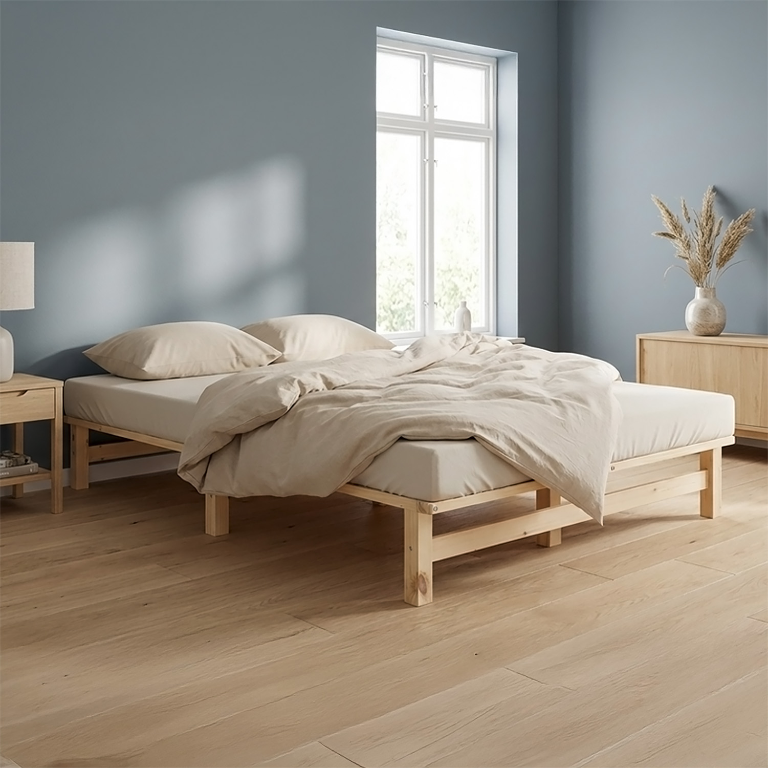 120x200 cm Natural Pallet Bed – Wooden Double Bed with Mattress & Slatted Base for Teen Rooms, Guest Rooms, and Bedrooms