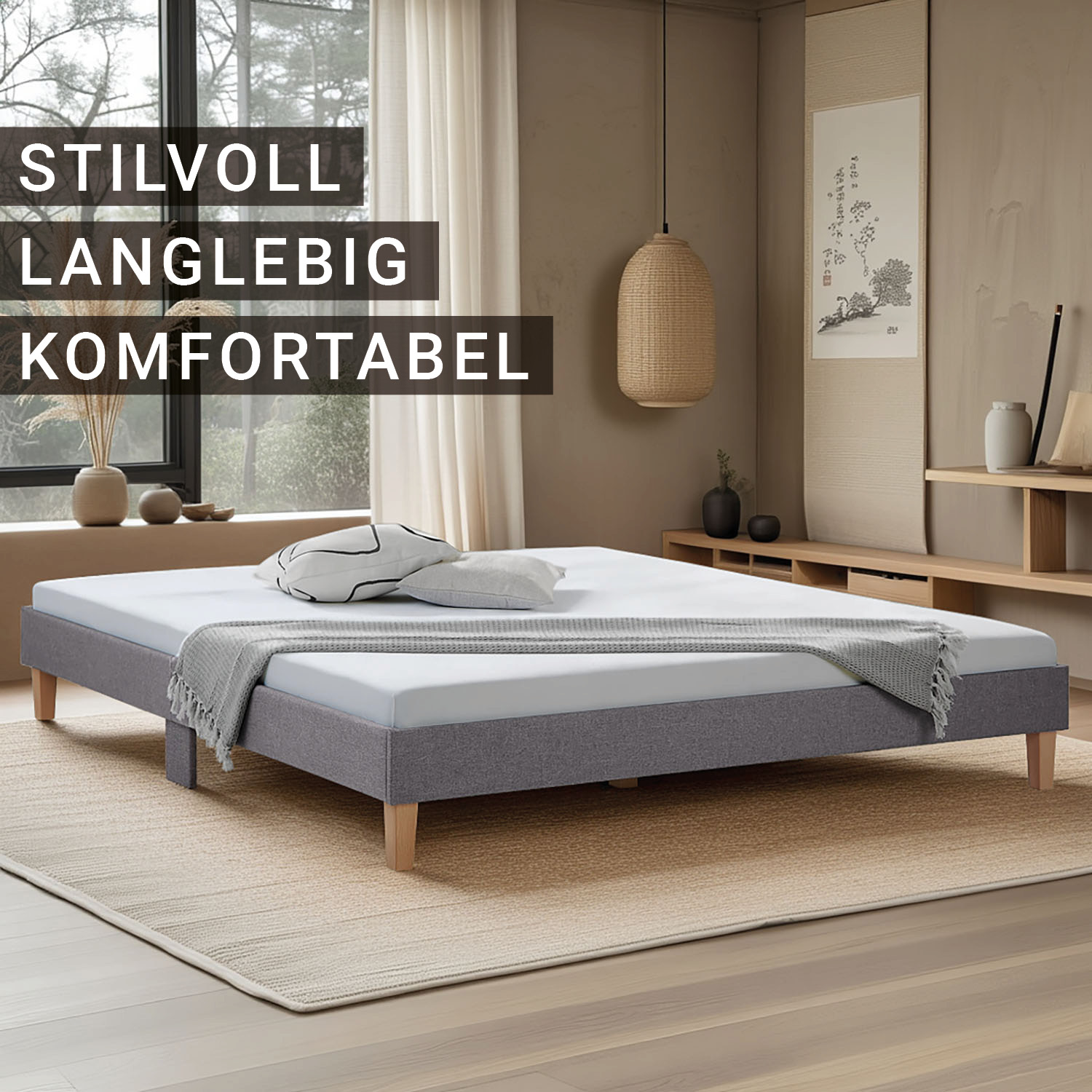 Modern low-profile bed frame with fabric upholstery and solid wood legs – Minimalist design for stylish bedrooms