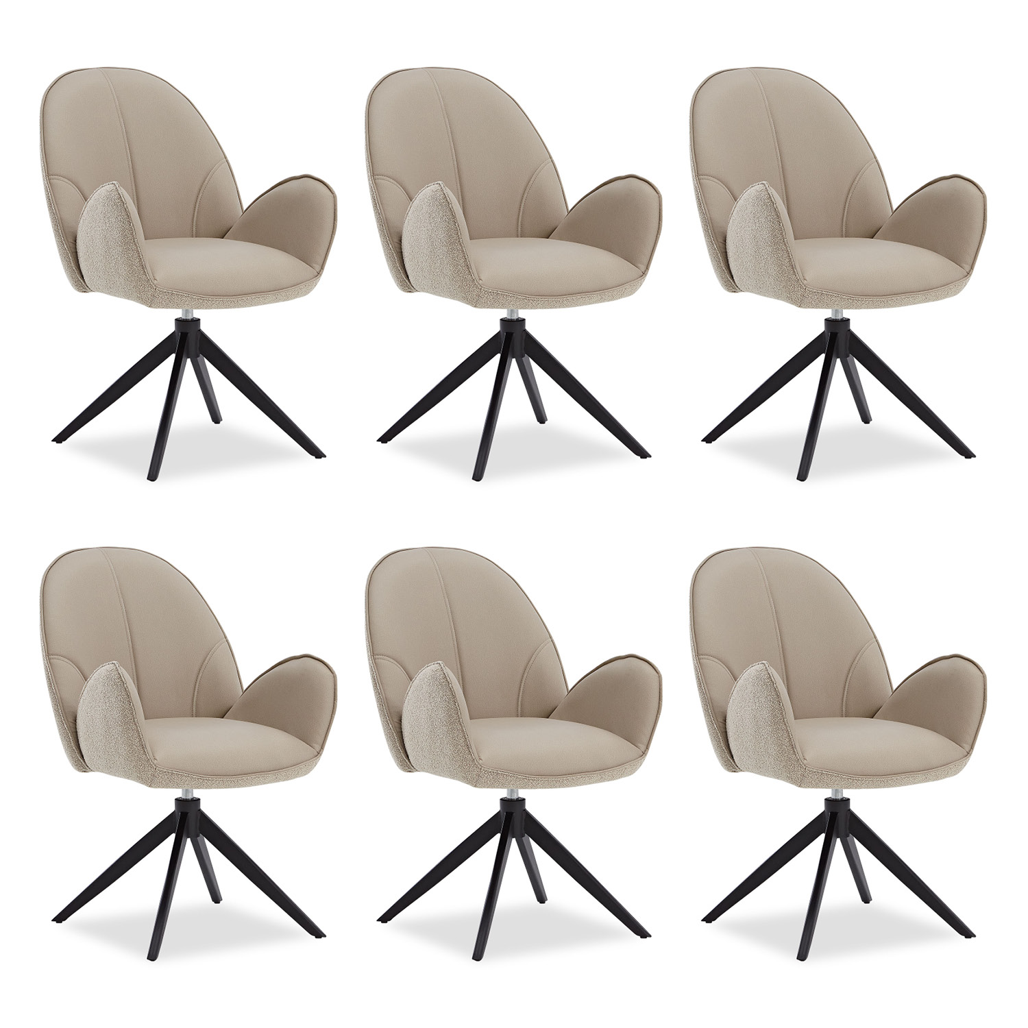 Polsterstuhl Bouclé & Lederoptik Beige 6er Set | Drehbare Stühle mit Armlehnen