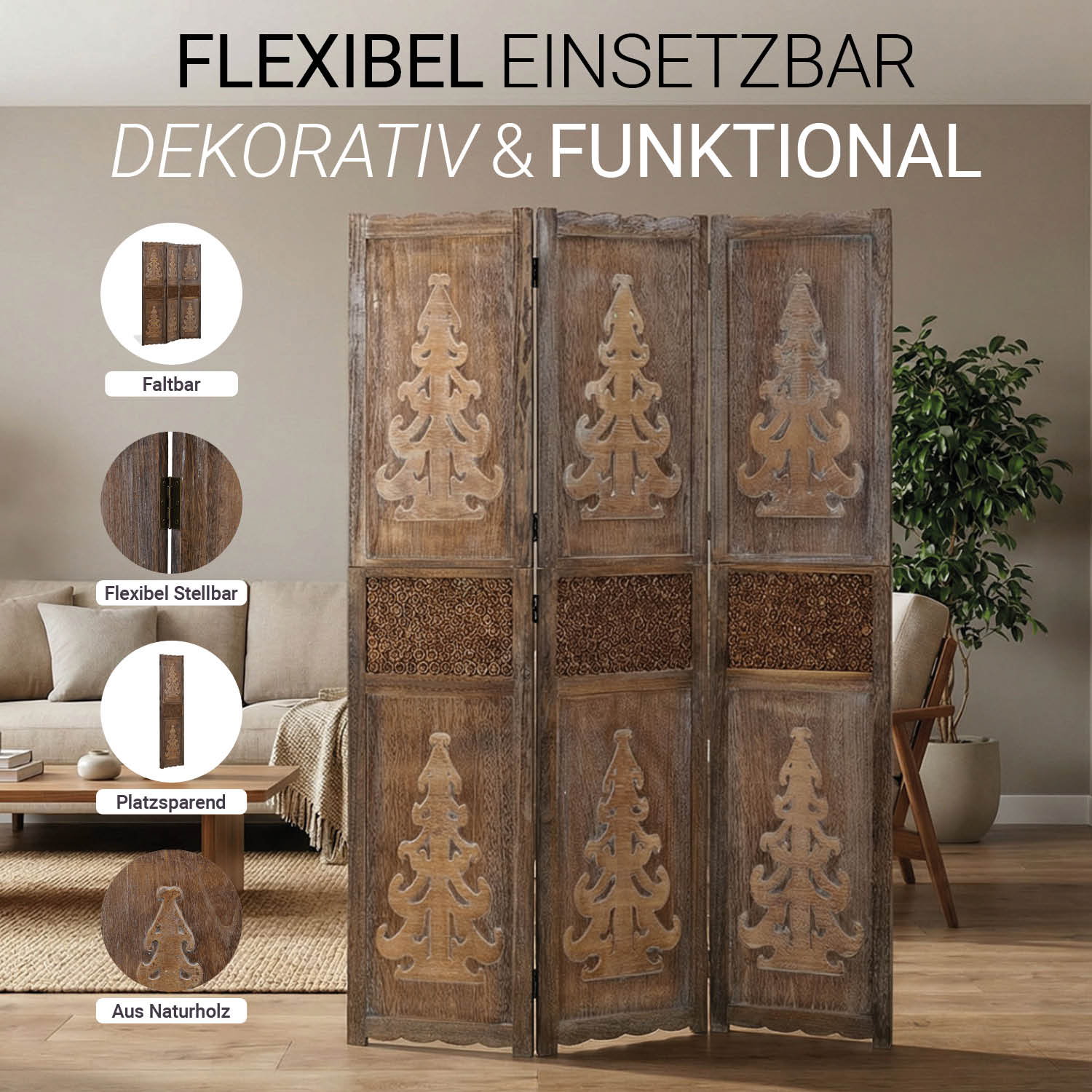 Paravent Brown Decorations | 3-panel | Wood | Room Divider Partition Privacy Screen