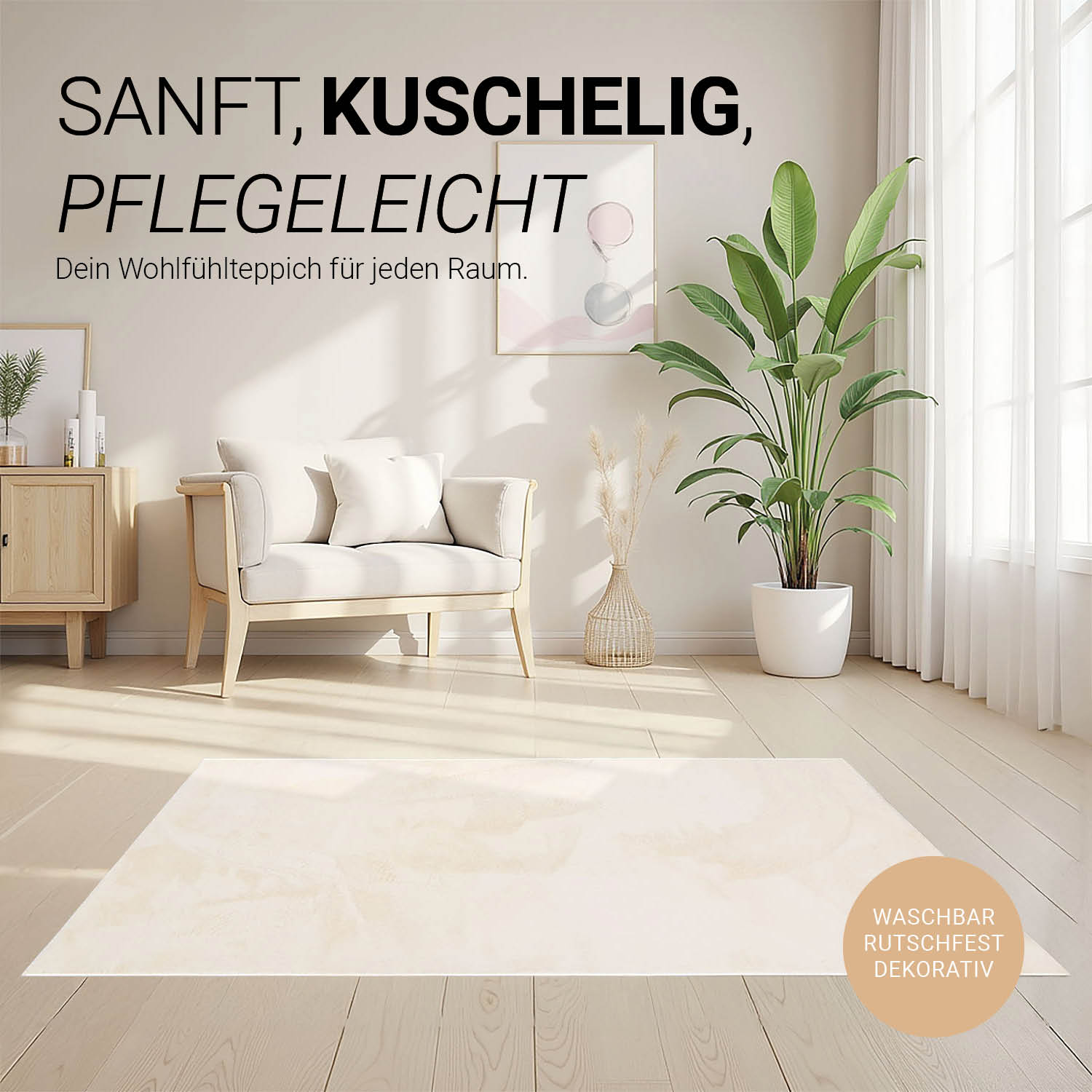 Soft Beige Rug 160x230 cm – Modern Short Pile Living Room Rug – Non Slip Bedroom Carpet – Washable Fluffy Area Rug