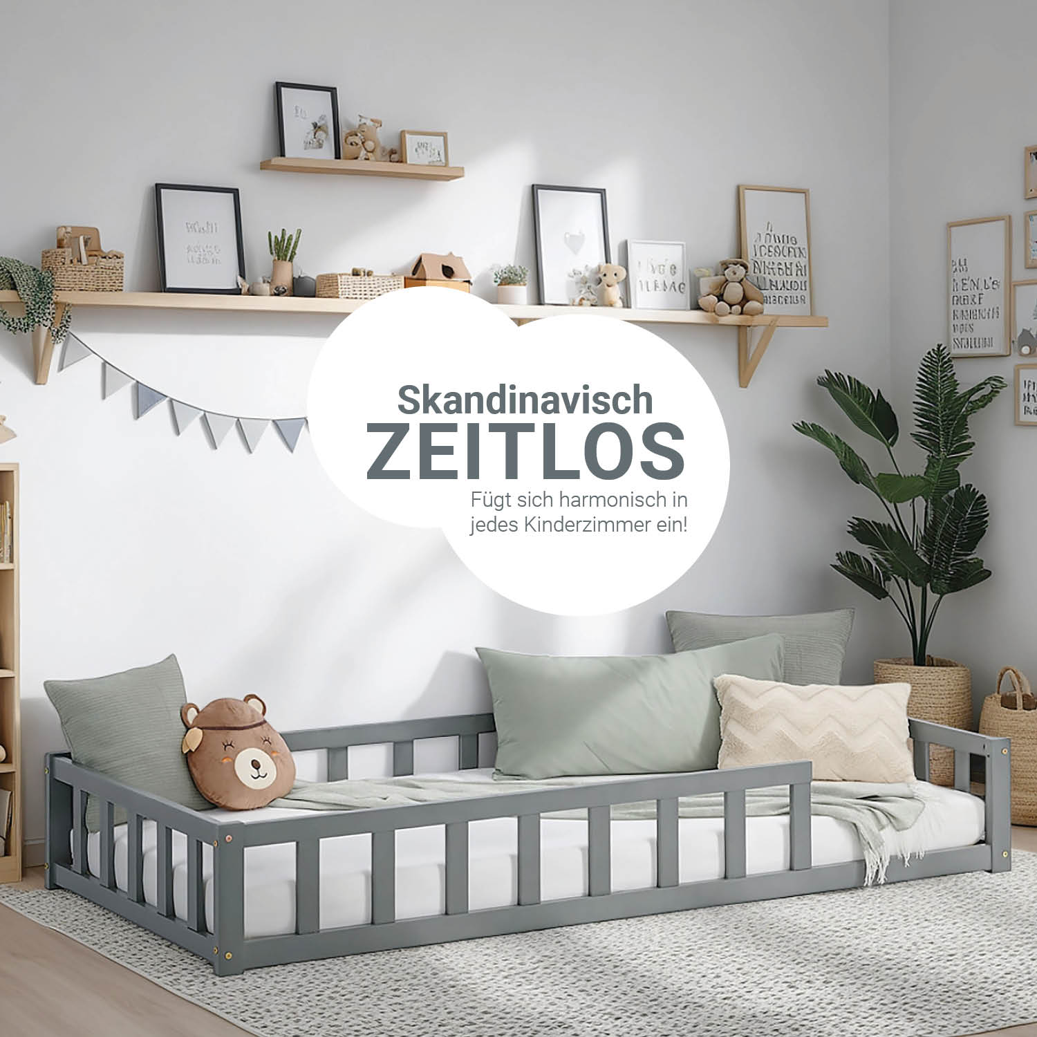 Children's Bed 90x200 Grey | Floor Bed with Mattress & Slatted Frame | with Fall Protection | Montessori