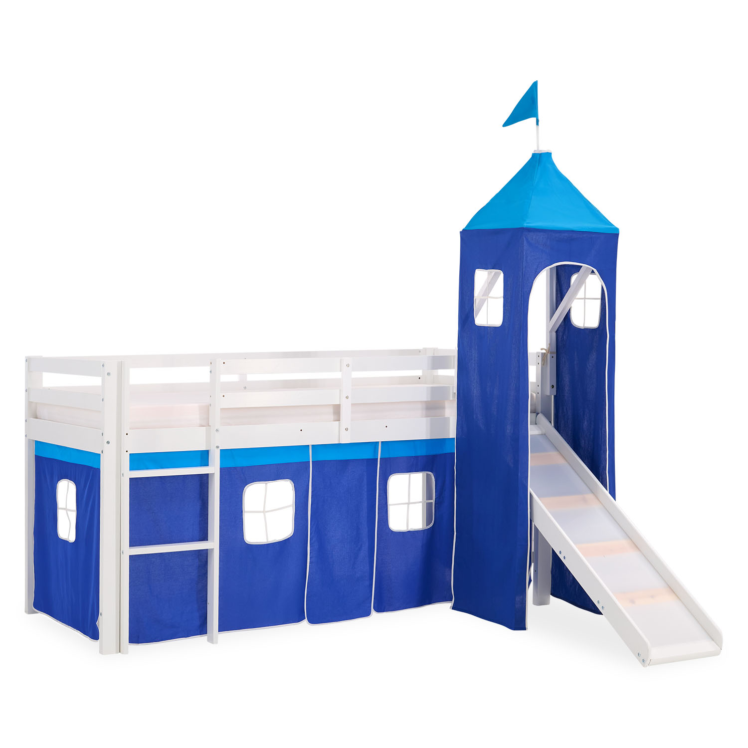 Children's Loft Bed 90x200 cm White with Blue Curtain | Tower | Slide | with Slatted Base