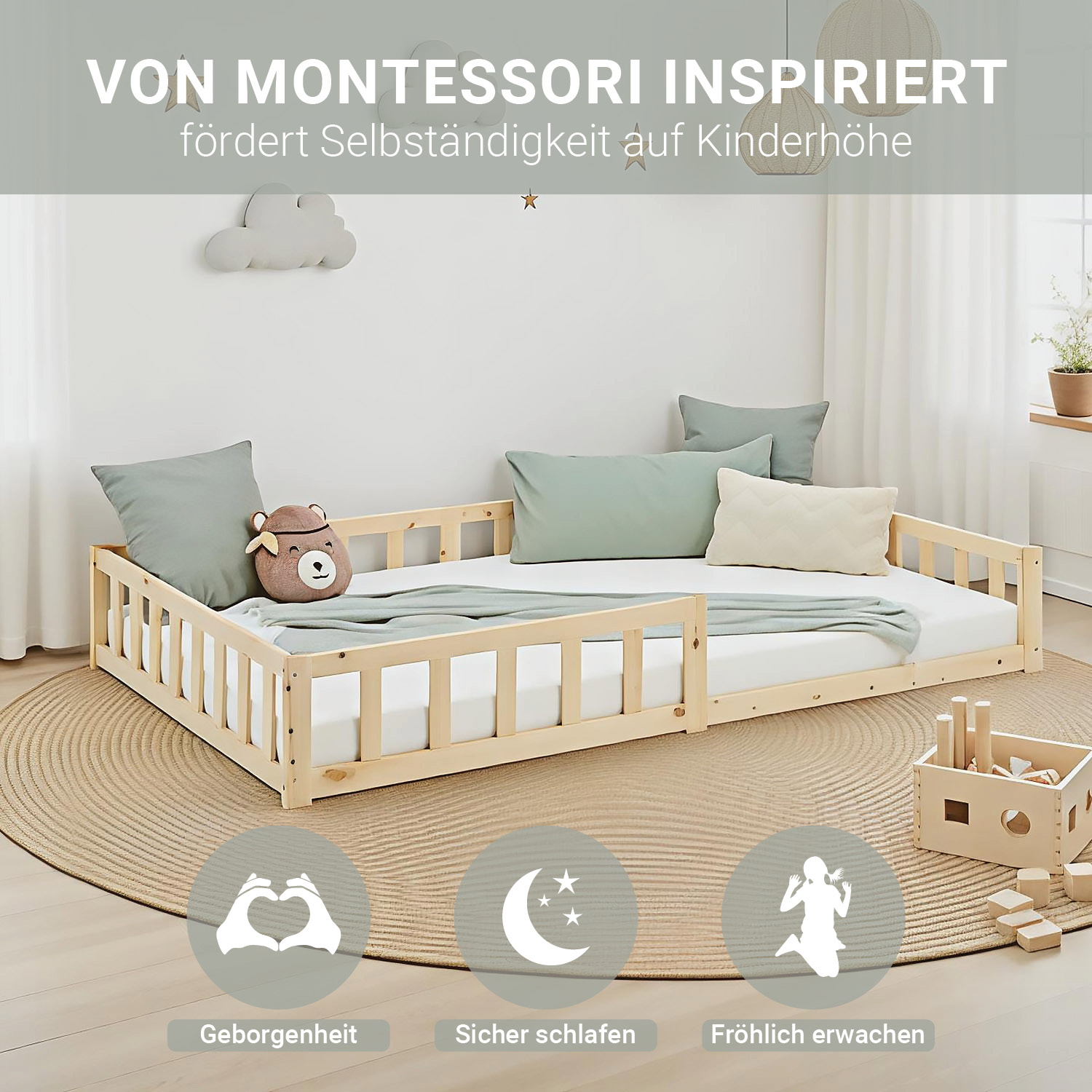Children's Bed 120x200 Natural | Floor Bed with Slatted Frame | with Fall Protection | Montessori